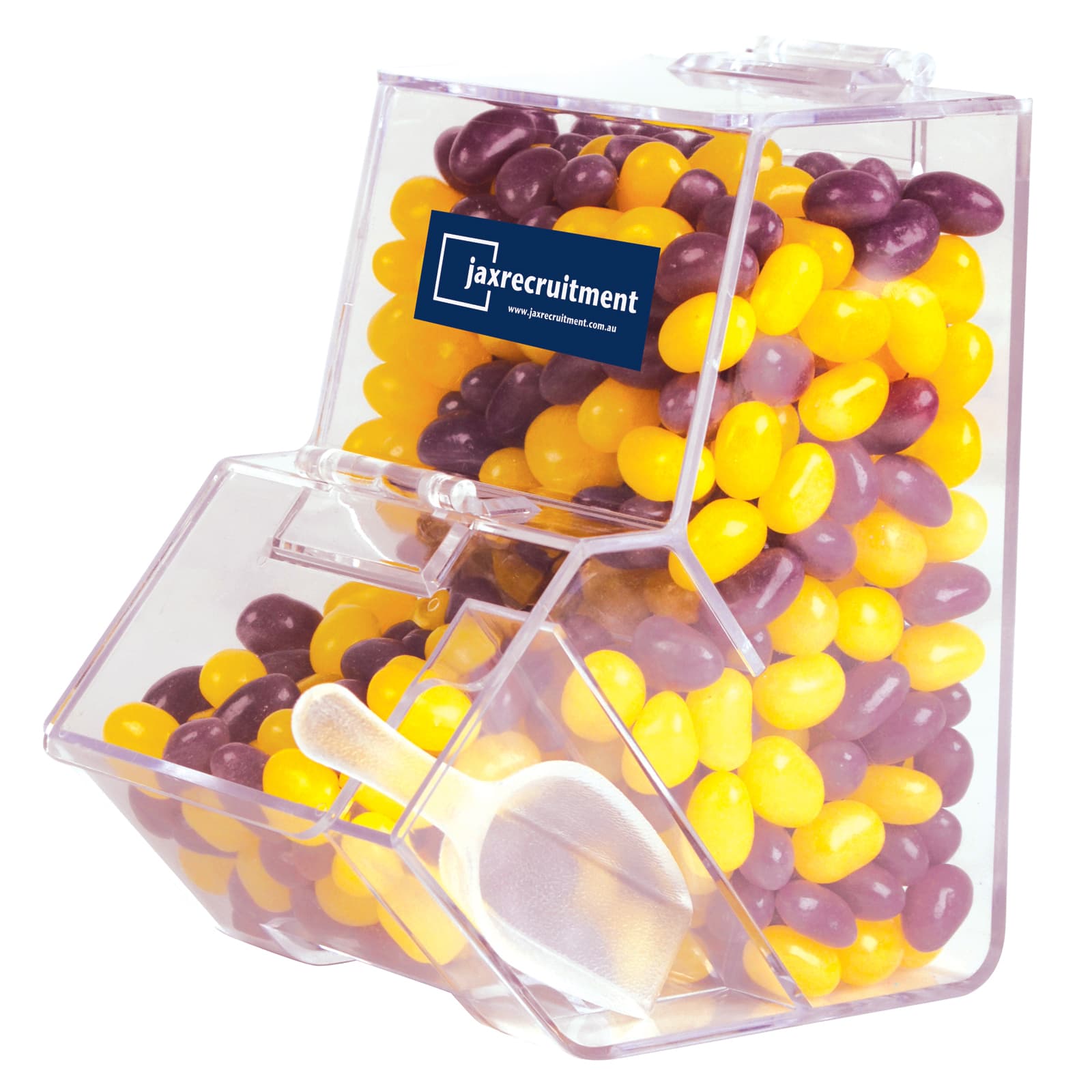 A clear dispenser filled with purple and yellow jelly beans, featuring a logo on the front. Corporate Colour Mini Jelly Beans in Dispenser - Image 1