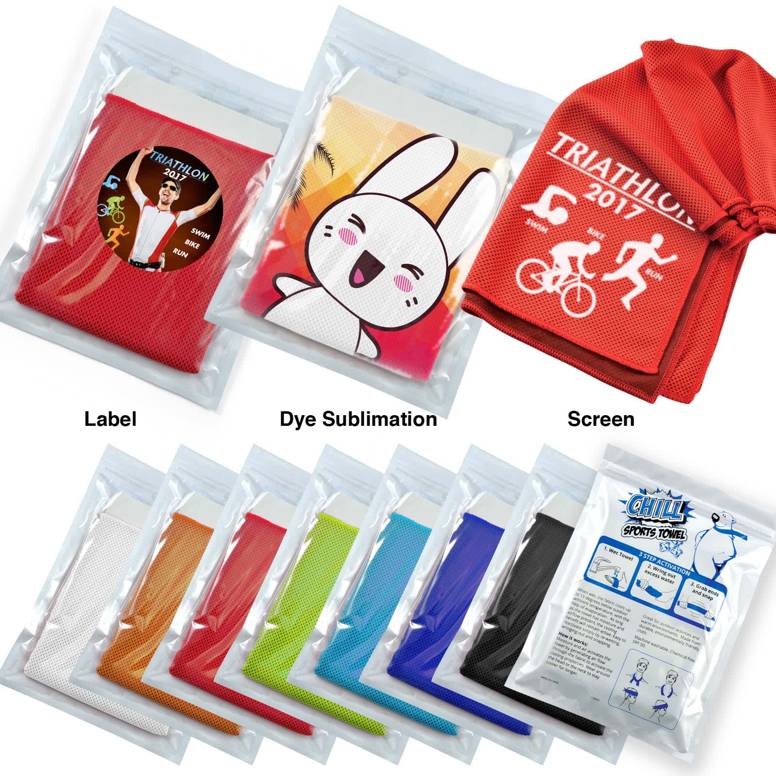A collection of colorful cooling towels in various shades, packaged in pouches, featuring different designs and a logo. Chill Cooling Towel in Pouch - Image 1