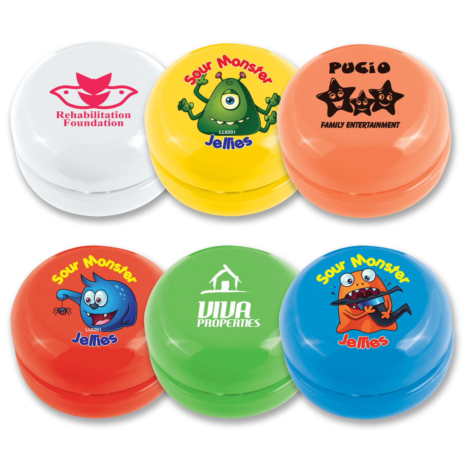 A collection of colorful yo-yos in orange, green, yellow, and white, featuring various character designs and logos. Zippy Yo-Yo - Image 1