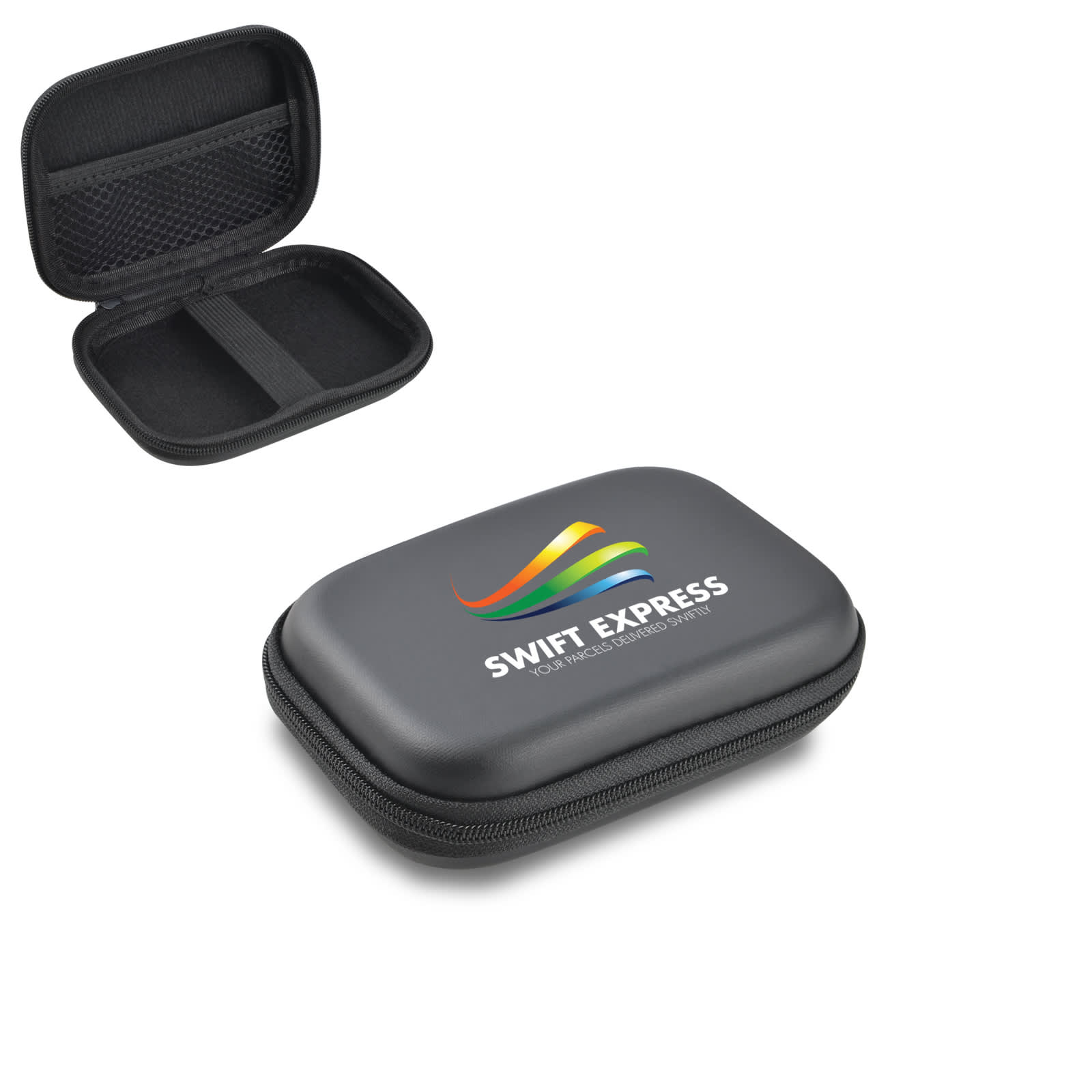 A small black EVA zipper case with a logo, featuring an interior mesh pocket and open storage area. Small EVA Zipper Case - Image 1