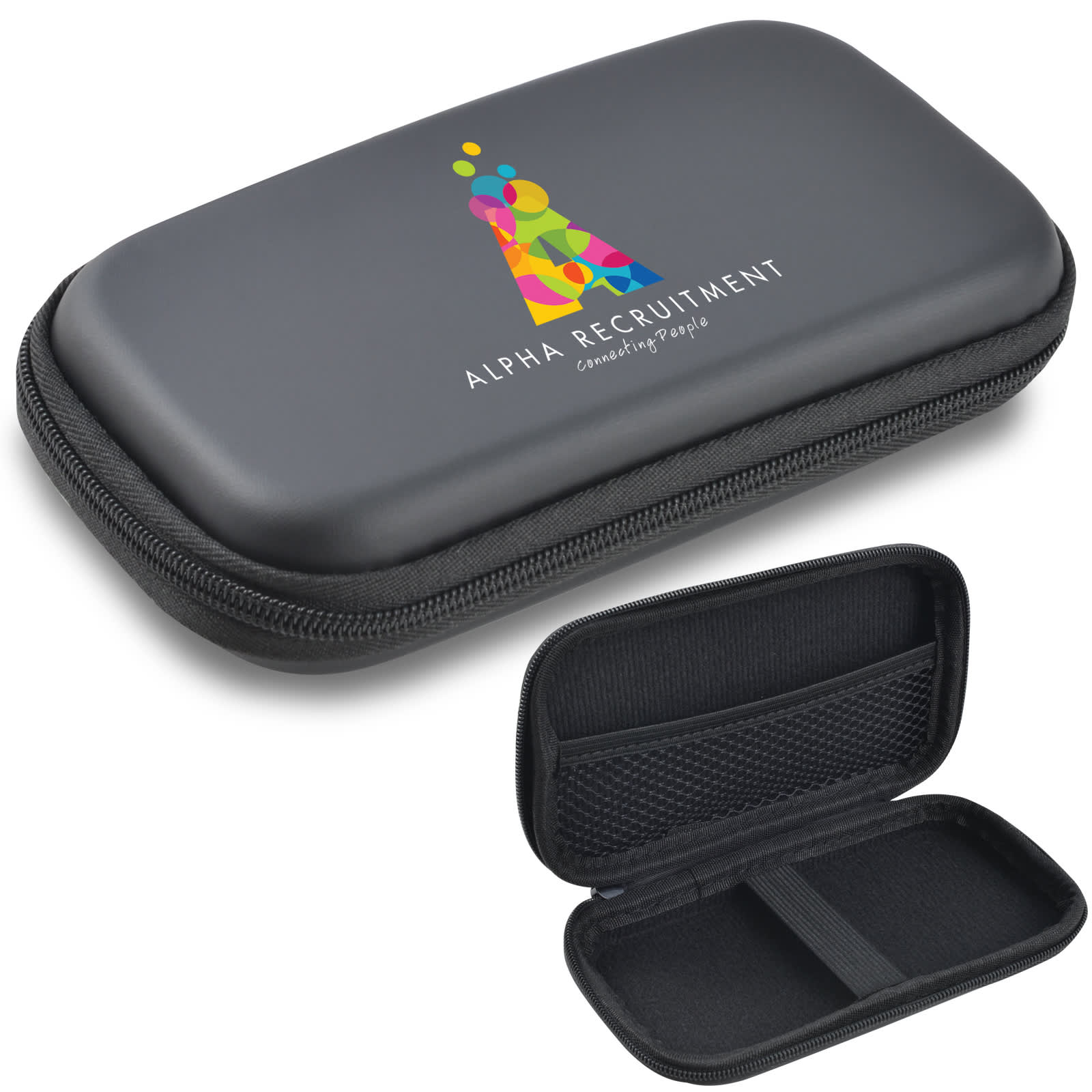 A black medium EVA zipper case featuring an interior compartment and a logo on the exterior. Medium EVA Zipper Case - Image 1