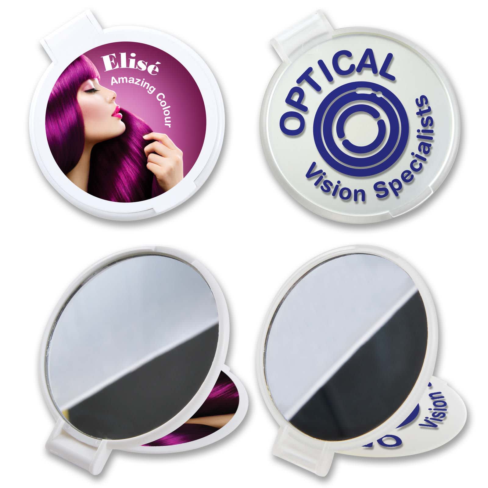 Round folding mirror with a colorful design featuring a woman with vibrant purple hair. White casing with a logo. Reflections Round Folding Mirror - Image 1