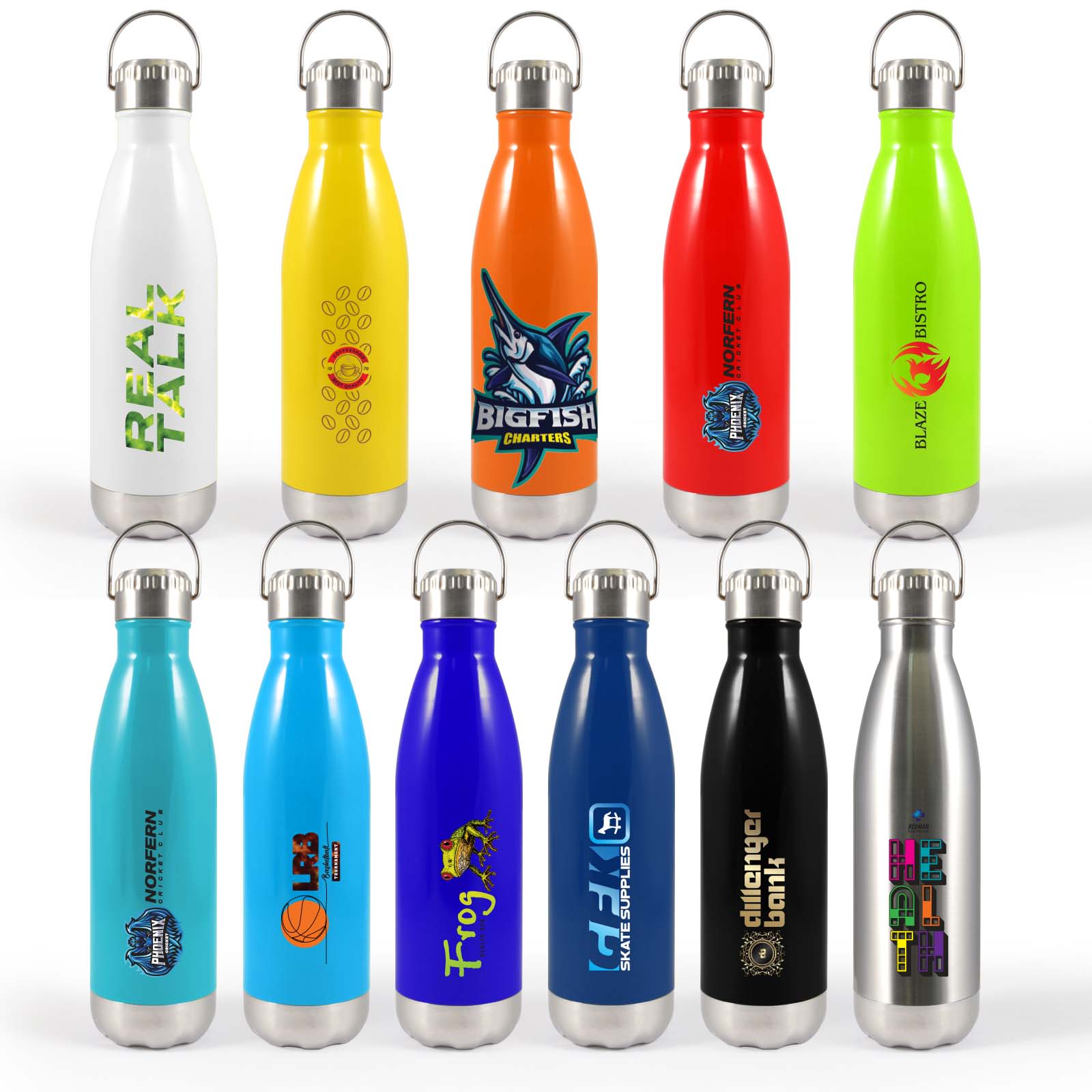 A collection of colorful drink bottles with various designs and branding, featuring metal and plastic finishes. Soda Bottle with Hanger Lid - Image 1