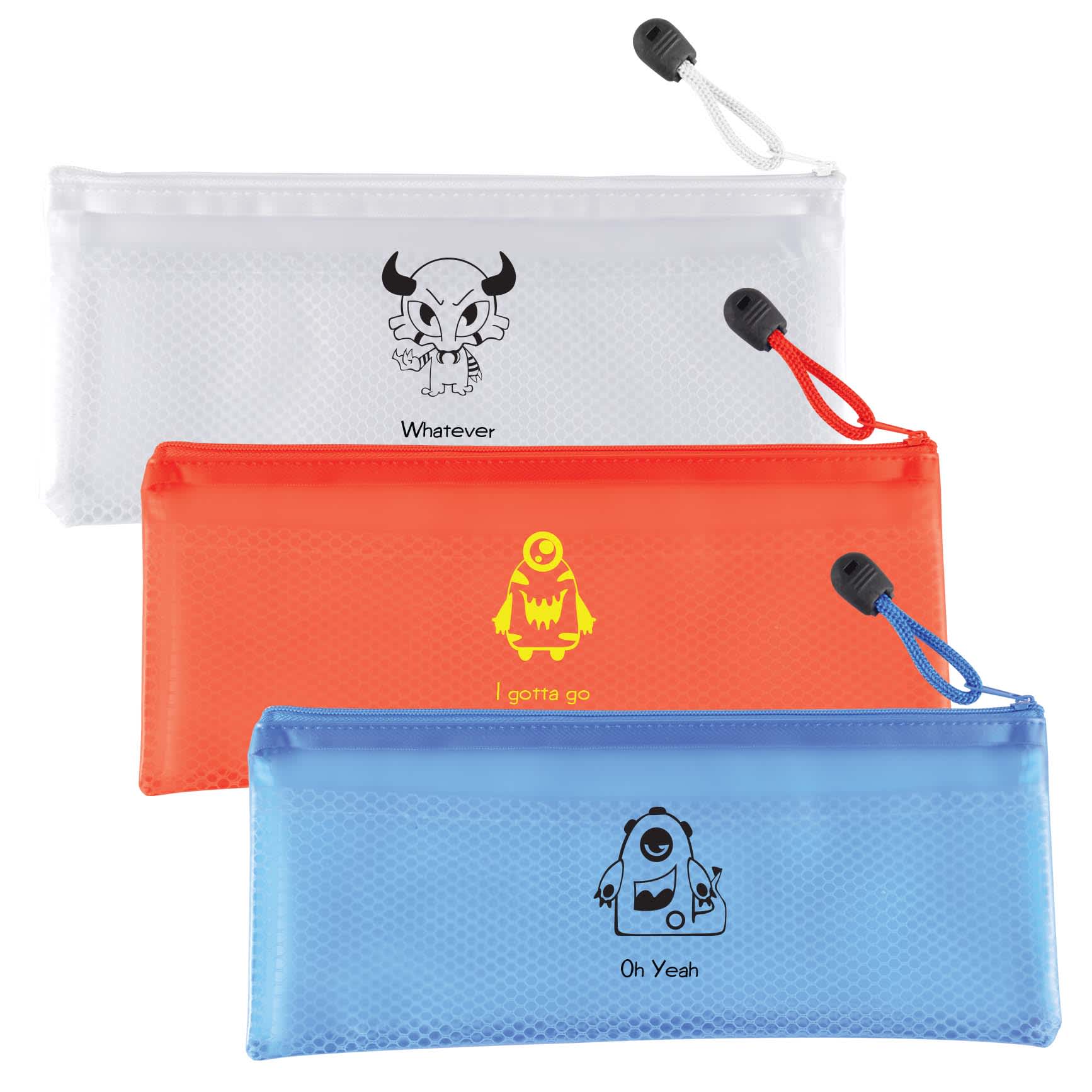 Three zippered pencil cases in white, orange, and blue, each with a cartoon character design and a branding logo. Cherish Pencil Case - Image 1