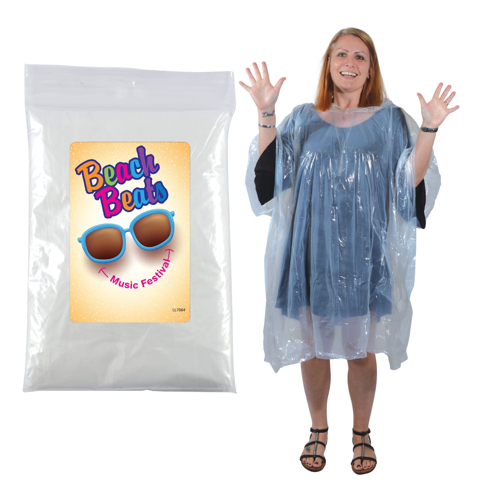 A transparent poncho with arm openings is displayed next to a smiling woman wearing it. Monsoon Poncho - Image 1
