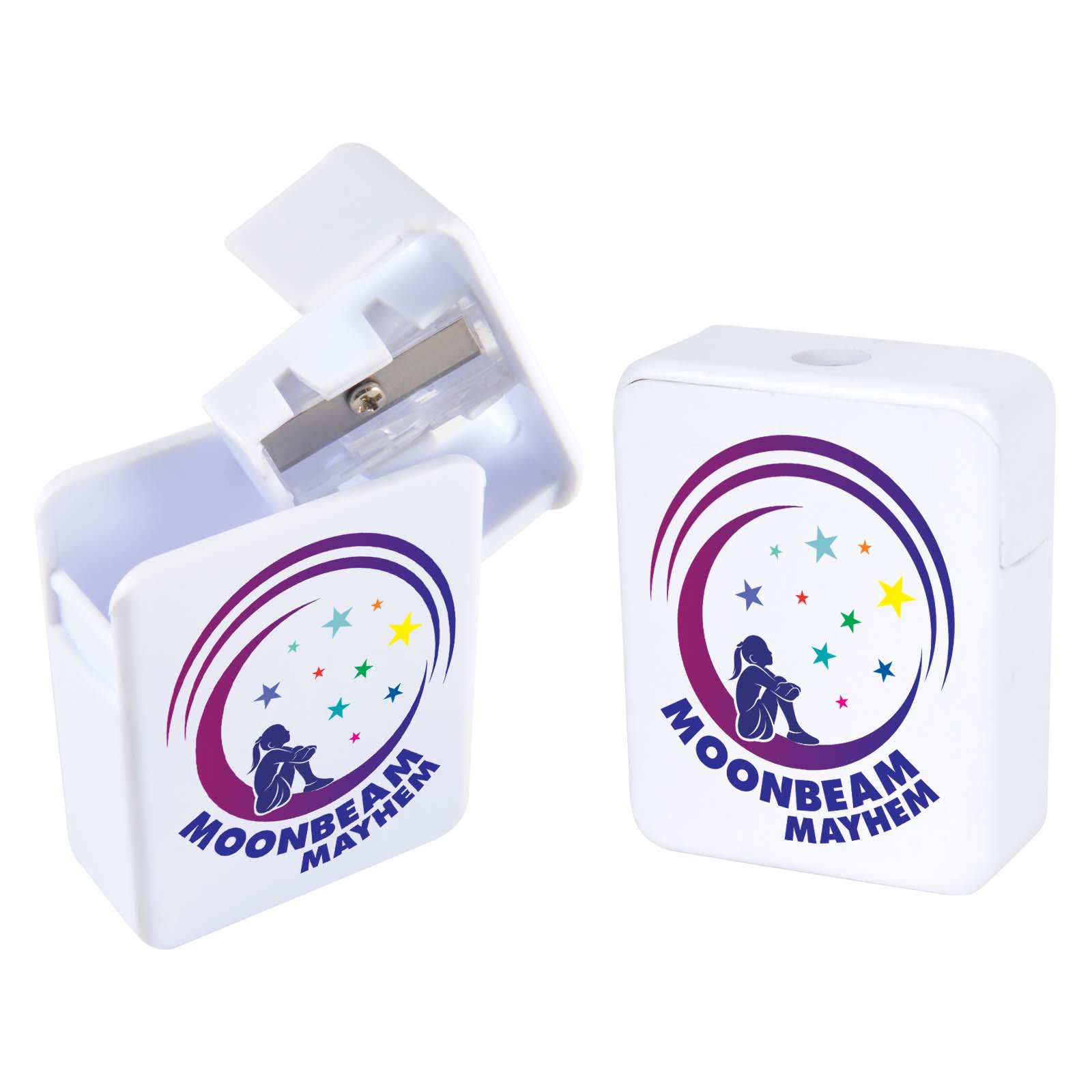 A rectangular white pencil sharpener with a logo design and colorful star accents. Rectangular Pencil Sharpener - Image 1