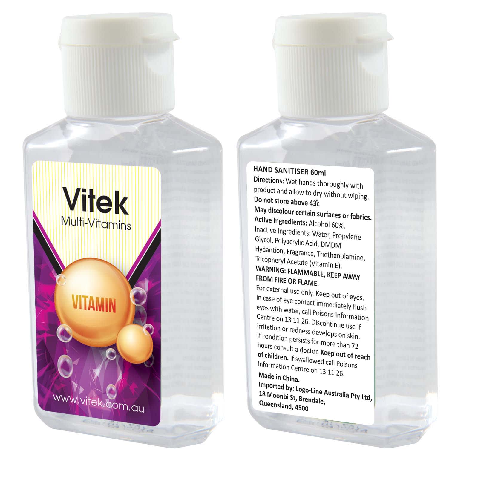 A clear bottle of hand sanitiser with a yellow and purple label, containing 60ml of product and featuring a logo. Splash Gel Hand Sanitiser - Image 1
