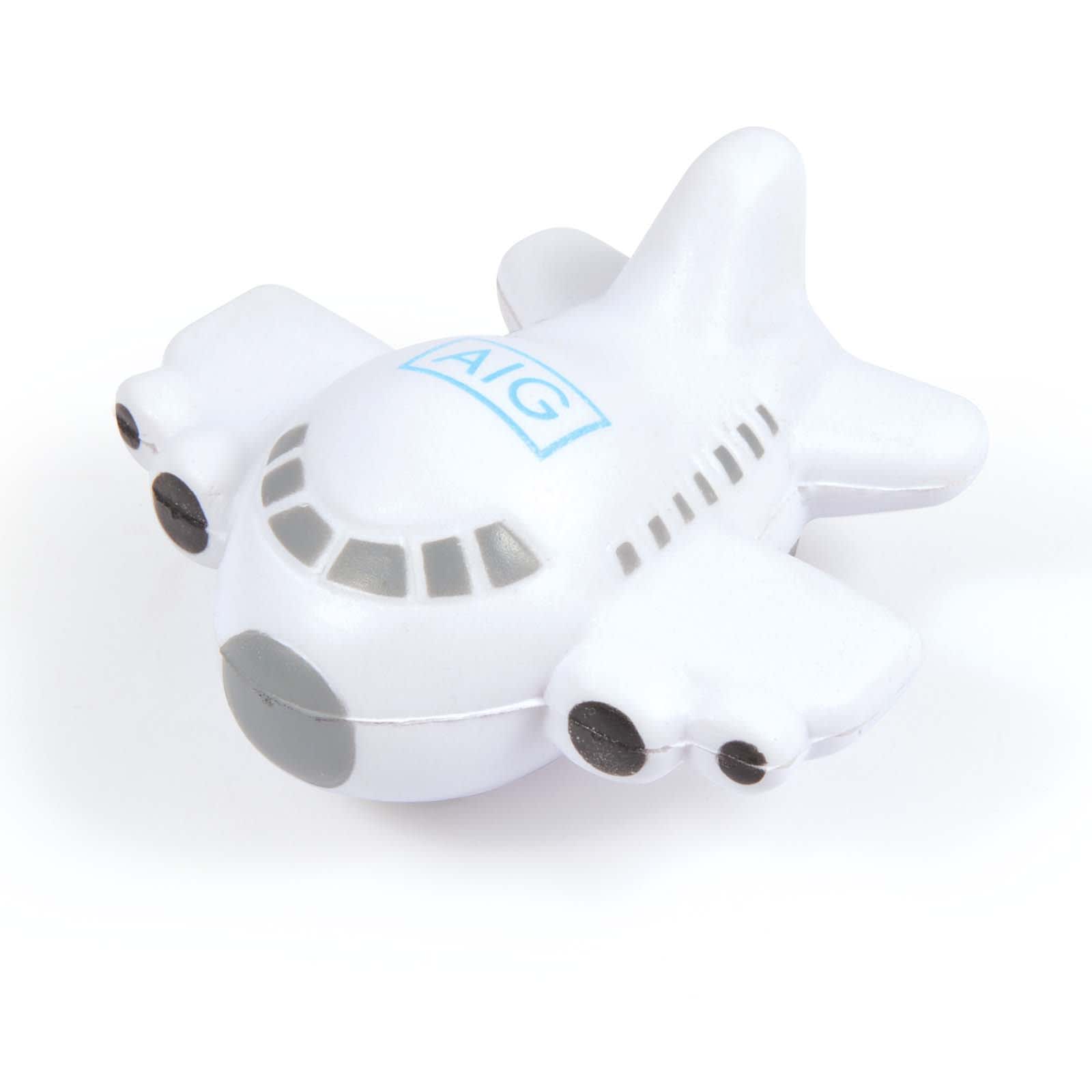 A white airplane-shaped stress reliever featuring a logo on the body. Plane Stress Reliever - Image 1