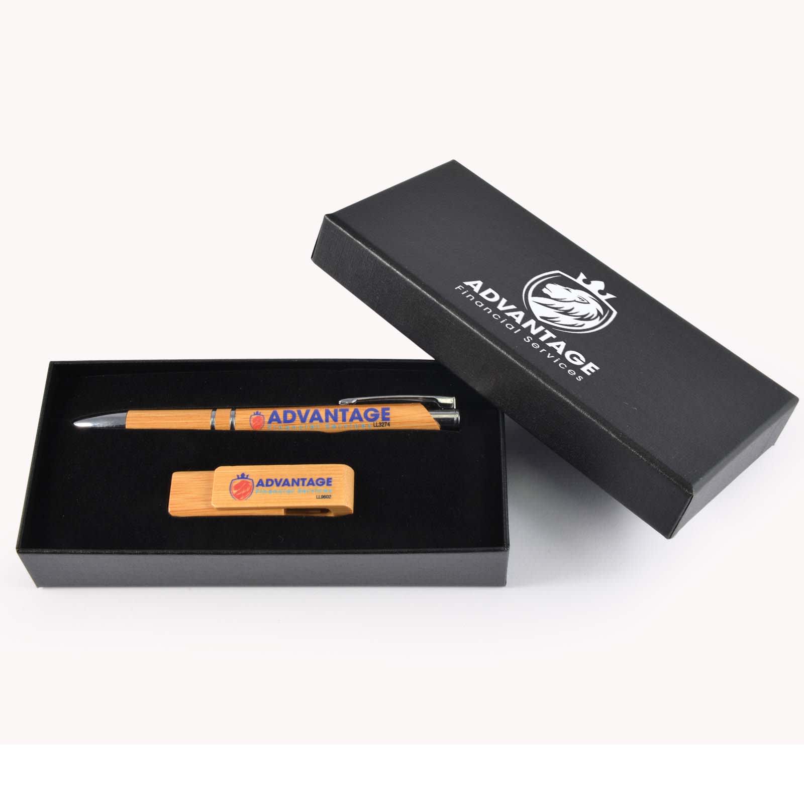 A bamboo pen and wooden clip in a black gift box, featuring a logo on both items. Kyoto Gift Set - Image 1