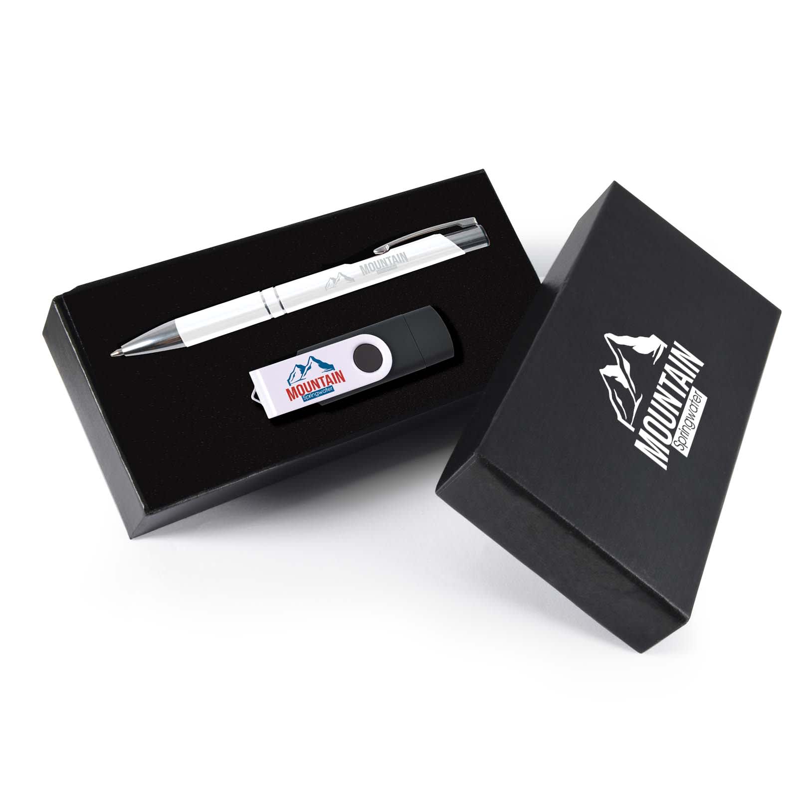 A gift set featuring a silver pen and a black flash drive, presented in a black box with a logo. Cove Gift Set - Image 1