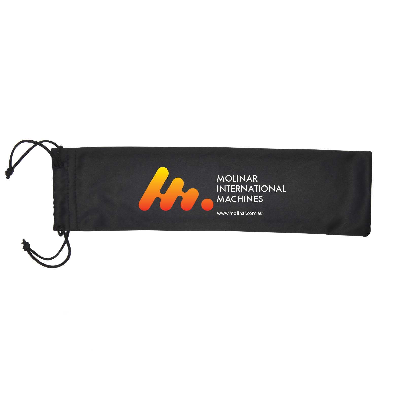 A black microfiber drawstring pouch featuring the logo of Molinar International Machines. Microfibre Drawstring Pouch - Image 1