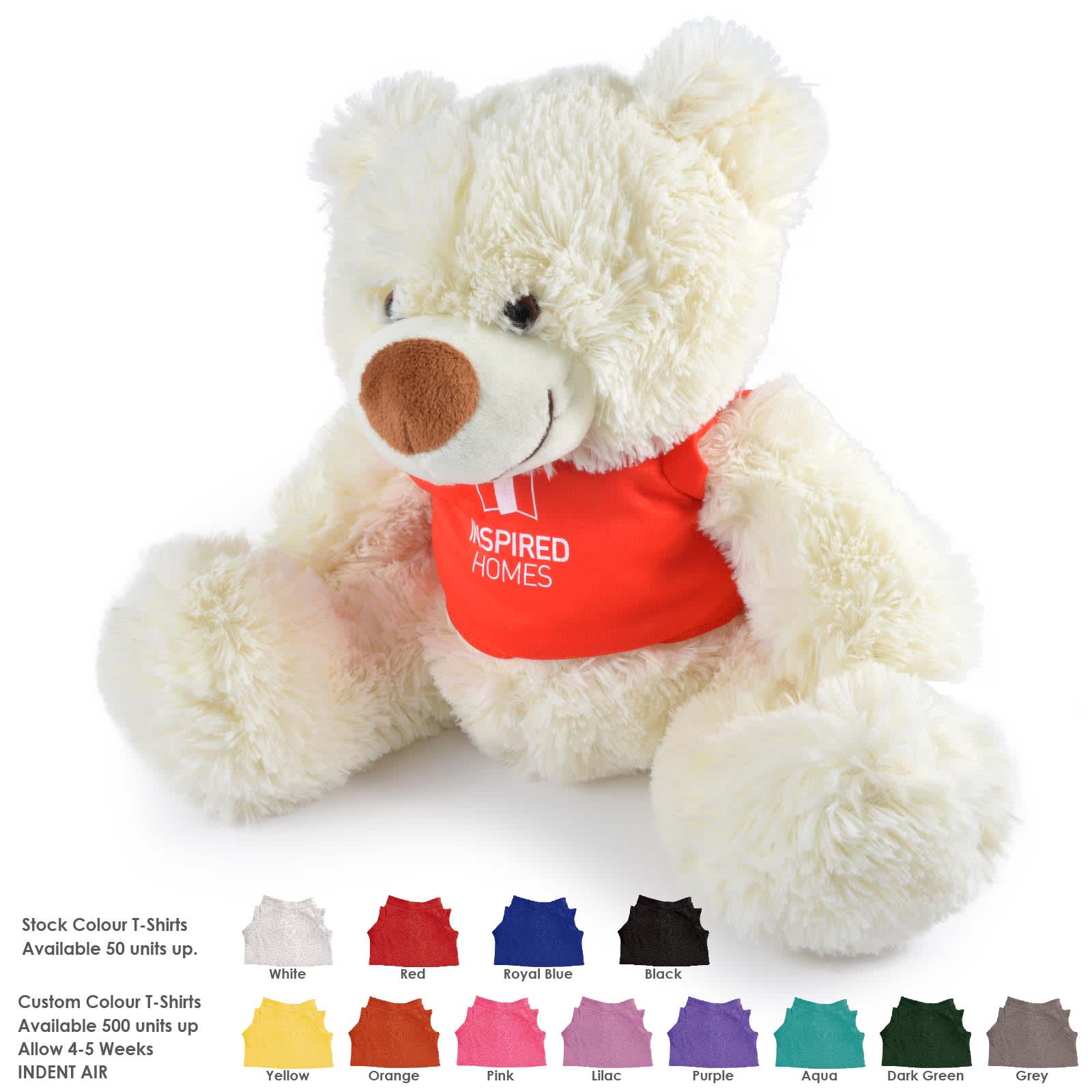 A plush teddy bear with a cream-colored body and a red shirt, featuring a sewn logo. Coconut Plush Teddy Bear - Image 1