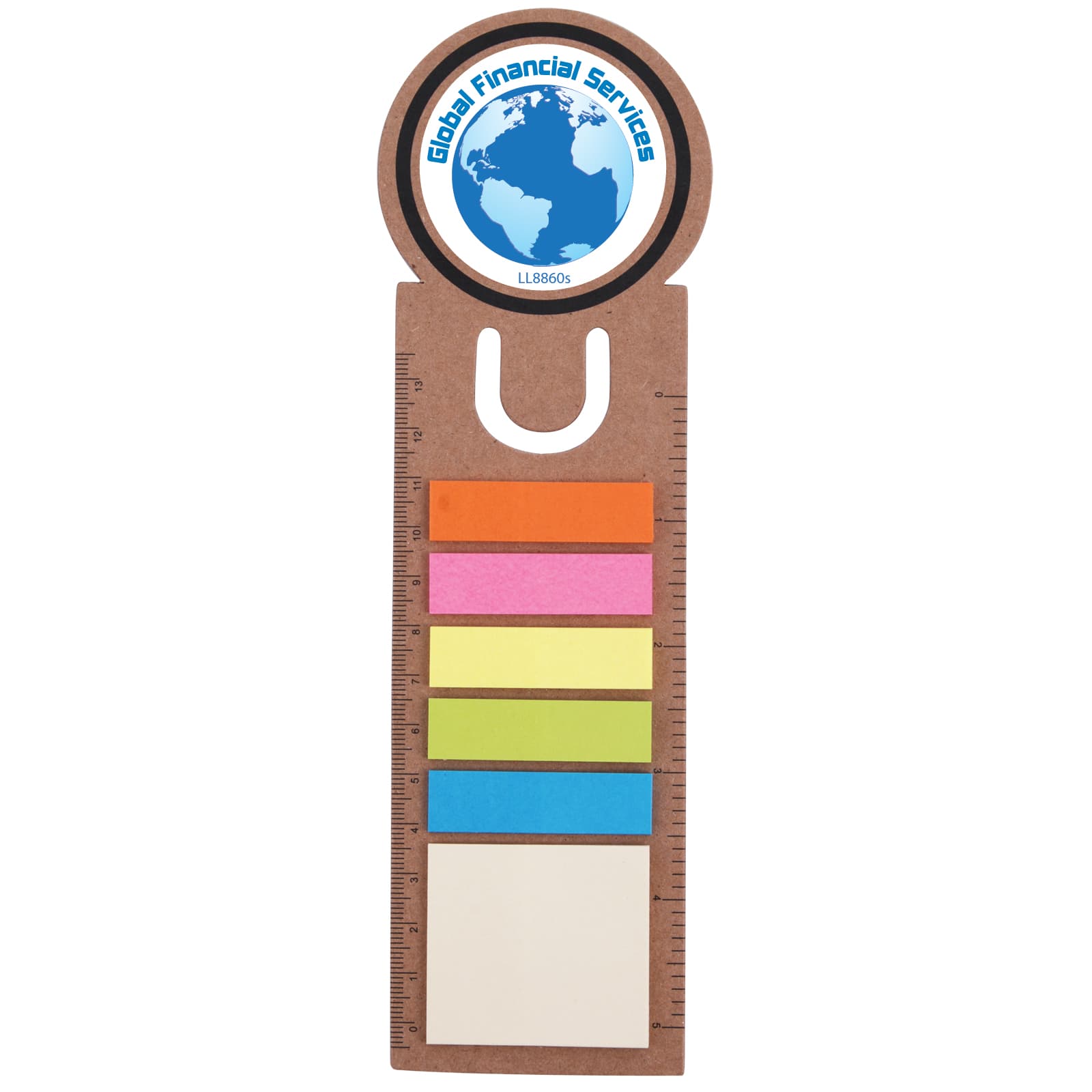 A circular bookmark with a ruler design, featuring colored sticky flags in pink, orange, yellow, green, and white, with a logo. Circle Bookmark / Noteflag Ruler - Image 1
