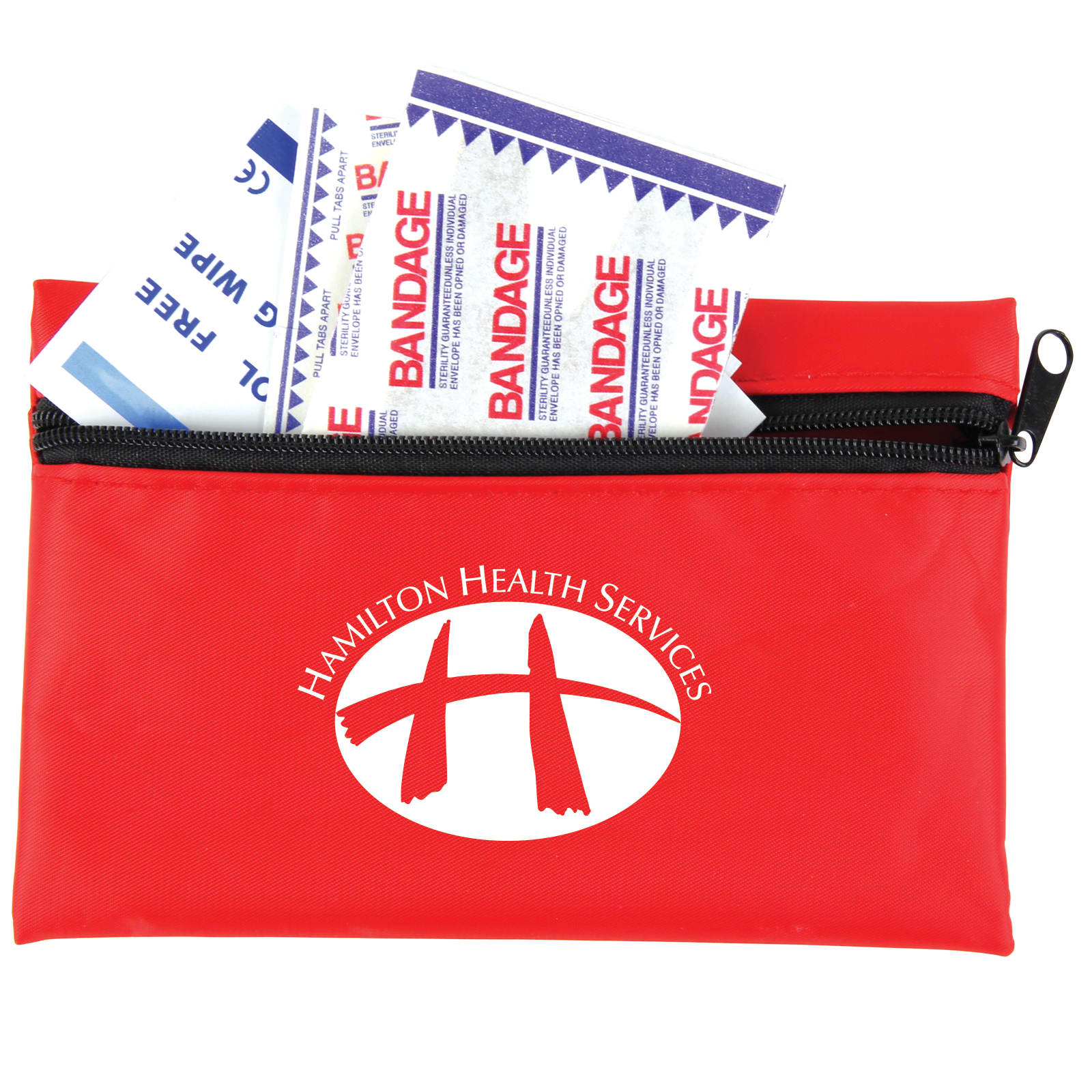 A red first aid kit containing bandages, with a zipper closure and a logo on the front. Pocket First Aid Kit - Image 1