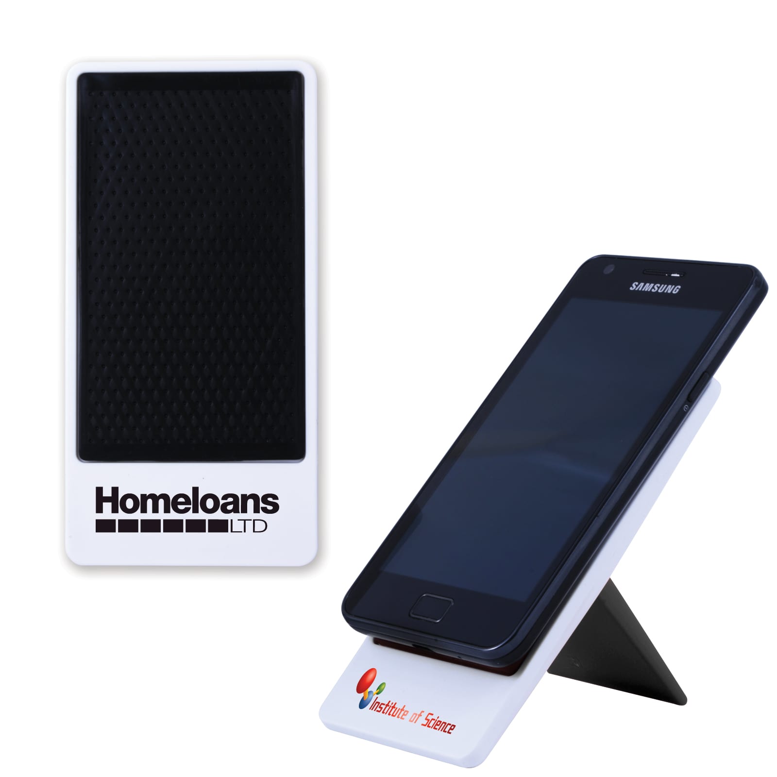 A smartphone holder in black and white, with a sleek design, featuring a logo on the base. Smart Phone Holder - Image 1