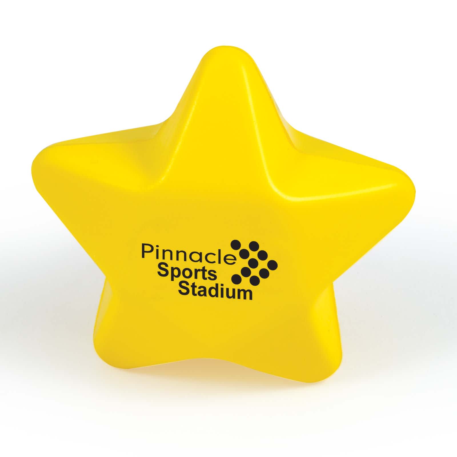 A yellow star-shaped stress reliever with "Pinnacle Sports Stadium" printed on it. Star Stress Reliever - Image 1