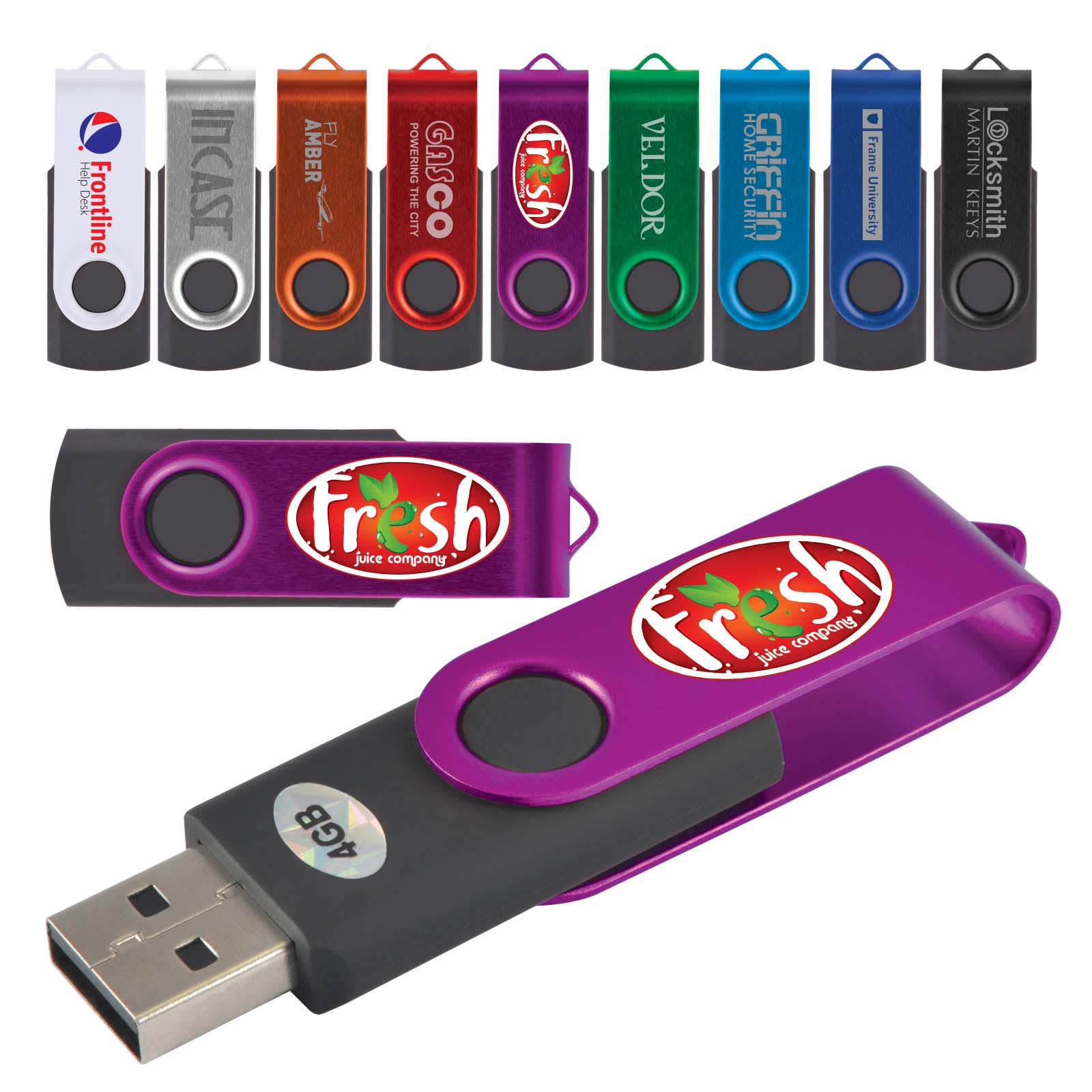 A collection of colorful swivel USB flash drives in various designs, featuring a logo on a purple drive. Swivel USB Flash Drive - Image 1