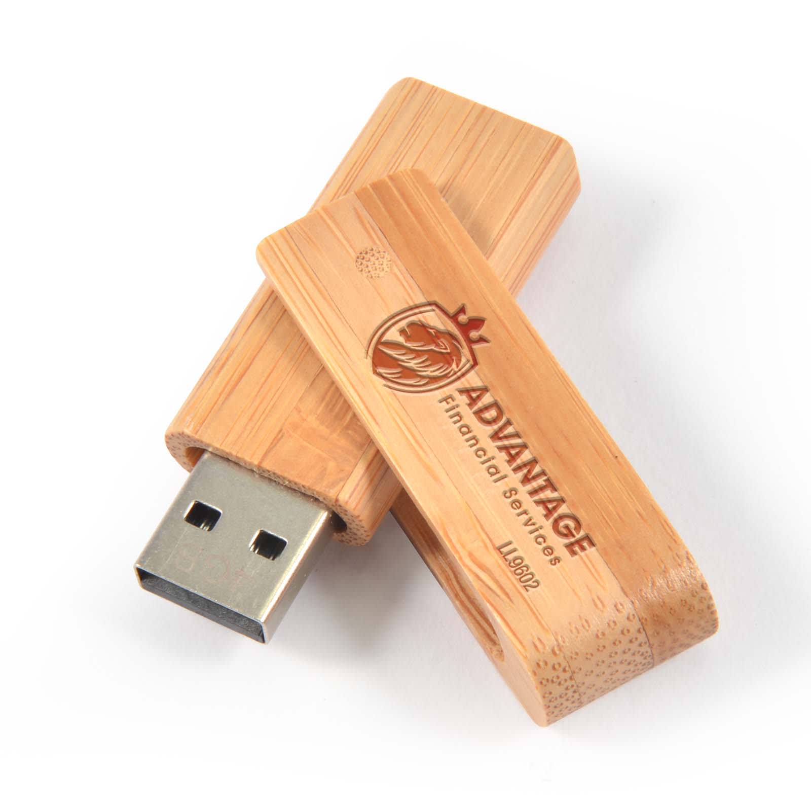 A Bamboo USB flash drive featuring a sleek design with a wooden exterior and engraved logo. Bamboo USB Flash Drive - Image 1