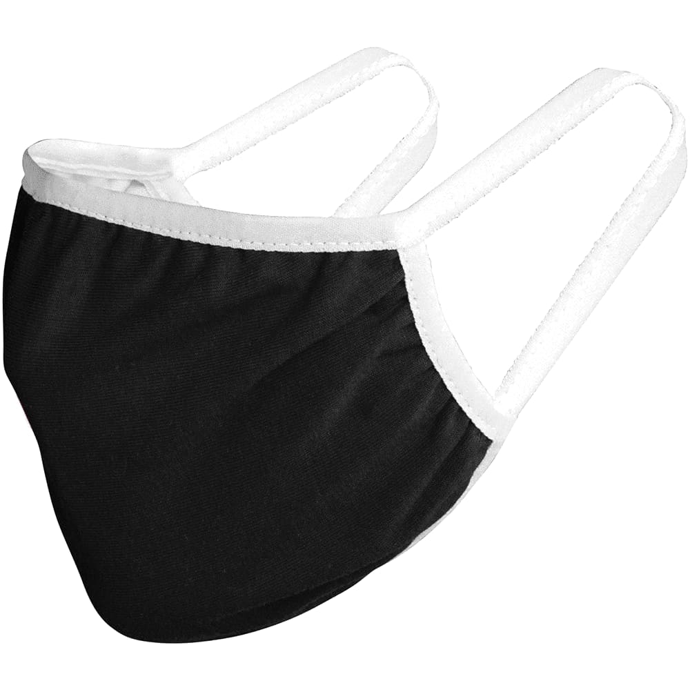 A black face mask with white straps, featuring a simple design and one logo placement. Reed Face Mask - Image 1