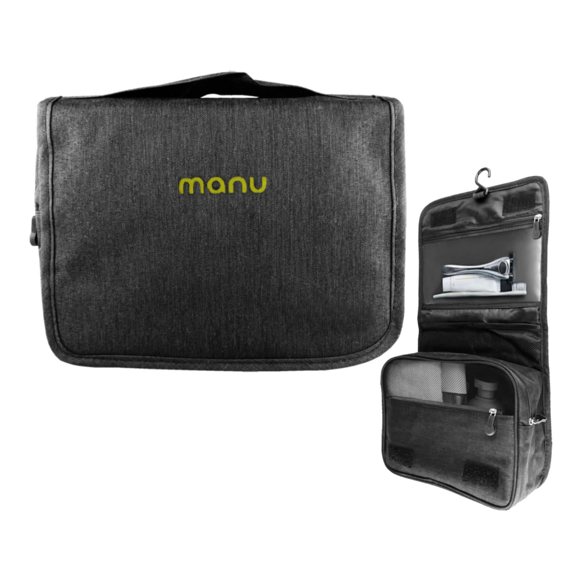 A black toiletry bag featuring a carry handle, with a zippered compartment and clear pockets inside. It has a logo. Docklands Toiletry Bag - Image 1