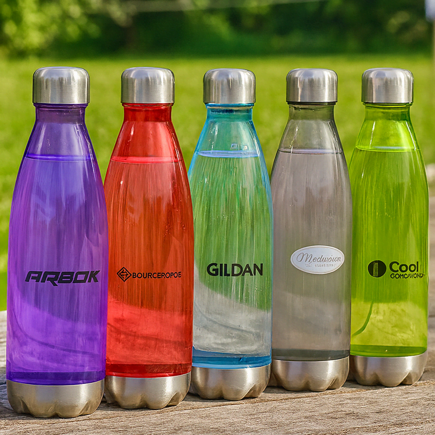 A drink bottle collection featuring five vibrant colours: purple, red, green, clear, and blue, with metallic caps. Quencher 700ml Plastic Water Bottle - Image 1
