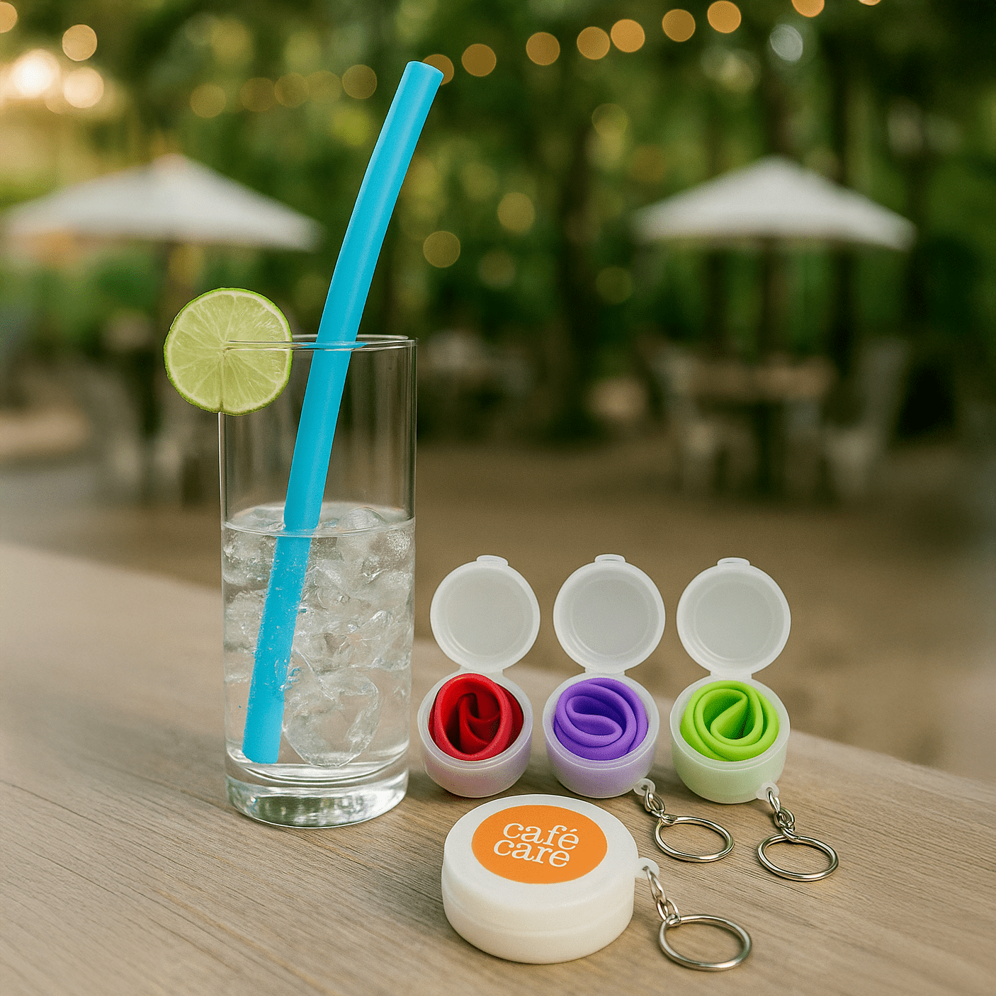 A drink bottle with ice and a blue reusable silicone straw, alongside cases containing green, purple, and red straws. Reusable Silicone Straw - Image 1