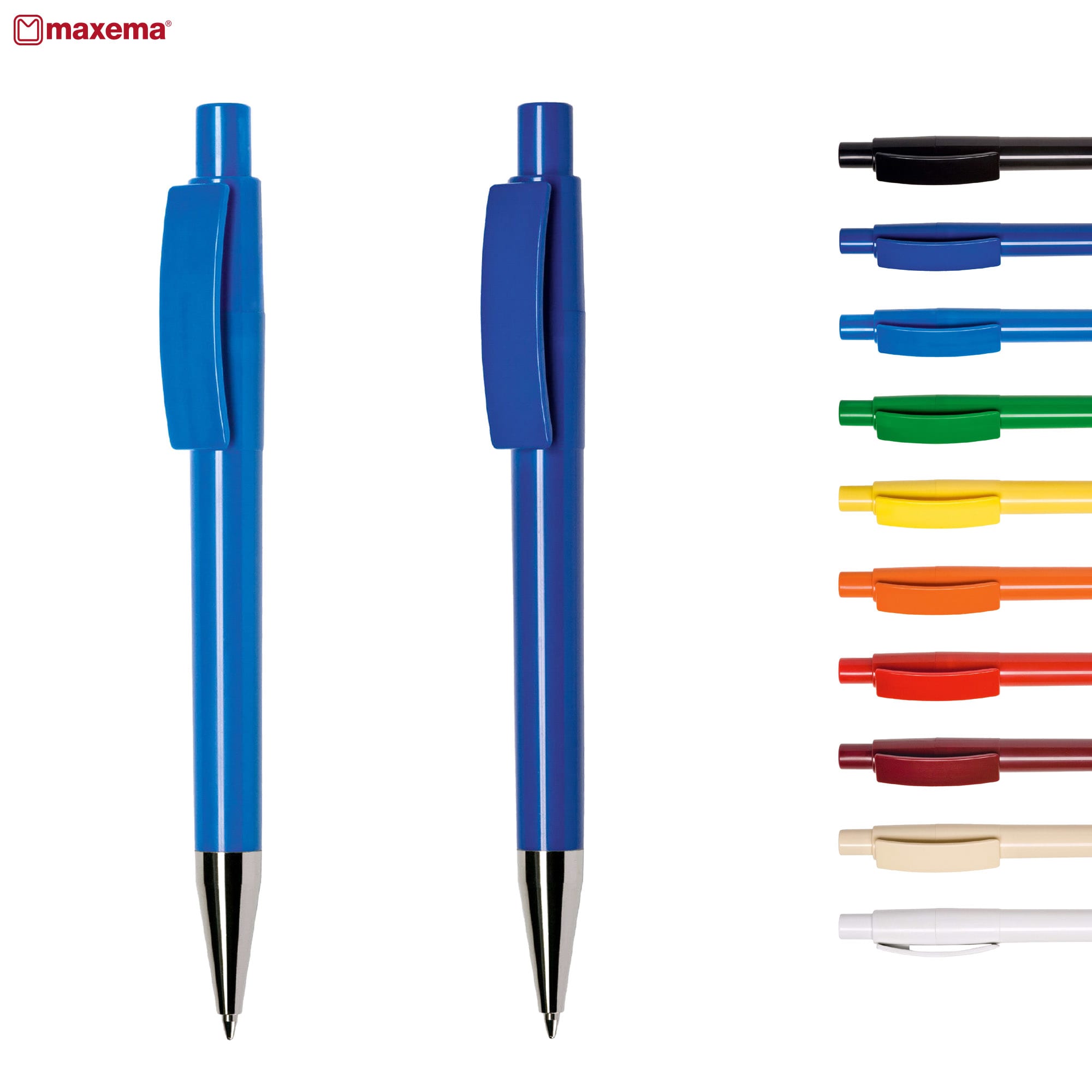 A set of plastic pens in various colours, featuring blue and black pens with clips and a logo on the top left. Next C CR - Image 1