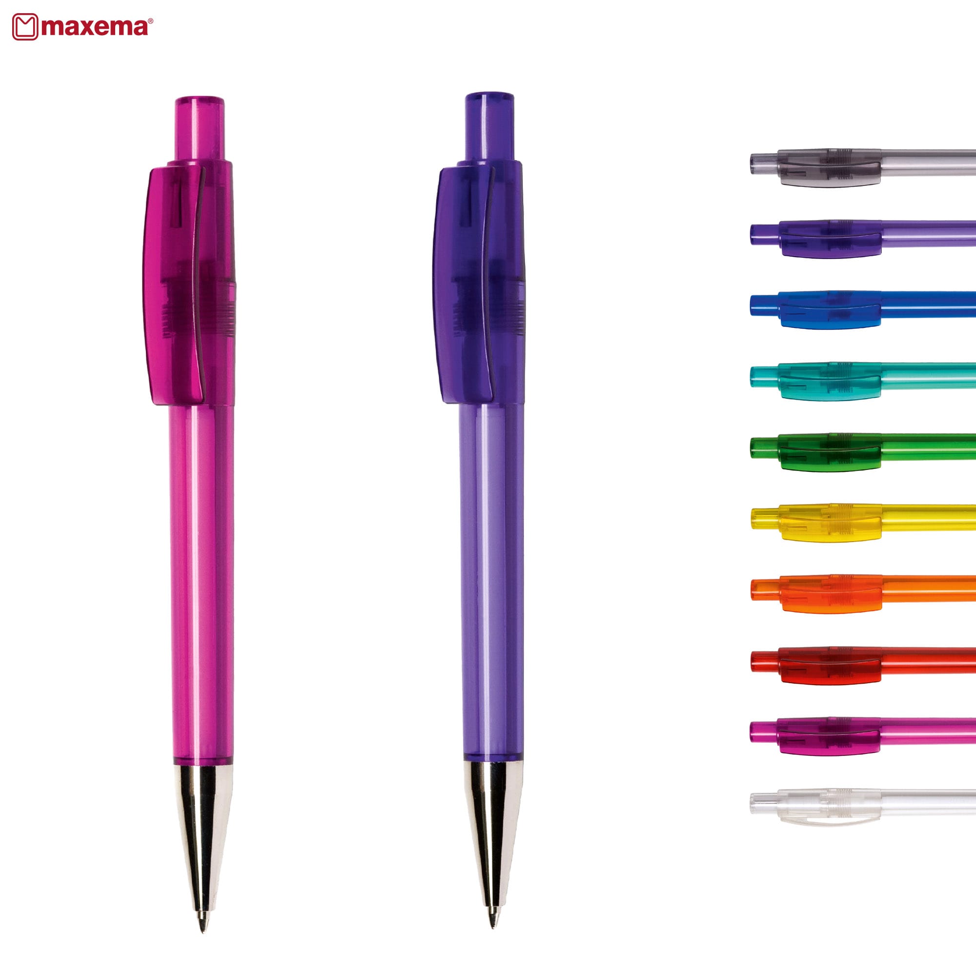 Two transparent plastic pens in pink and purple, alongside a range of brightly coloured pens including blue, green, orange, and more. Next 30 CR - Image 1