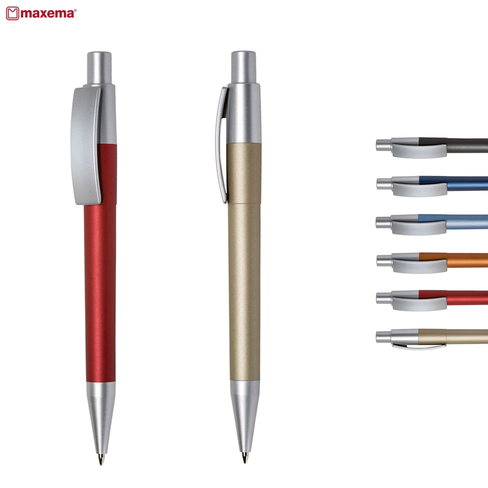 A set of plastic pens in red, gold, and various other colours, featuring sleek designs and silver accents. Next Met AL - Image 1