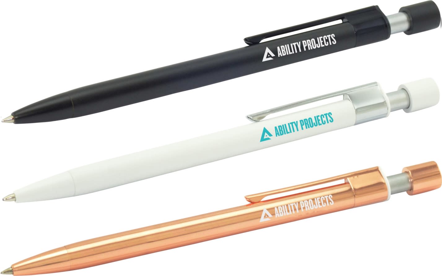 A set of three metal pens in black, white, and rose gold, each featuring a logo. Stockholm Pen - Image 1