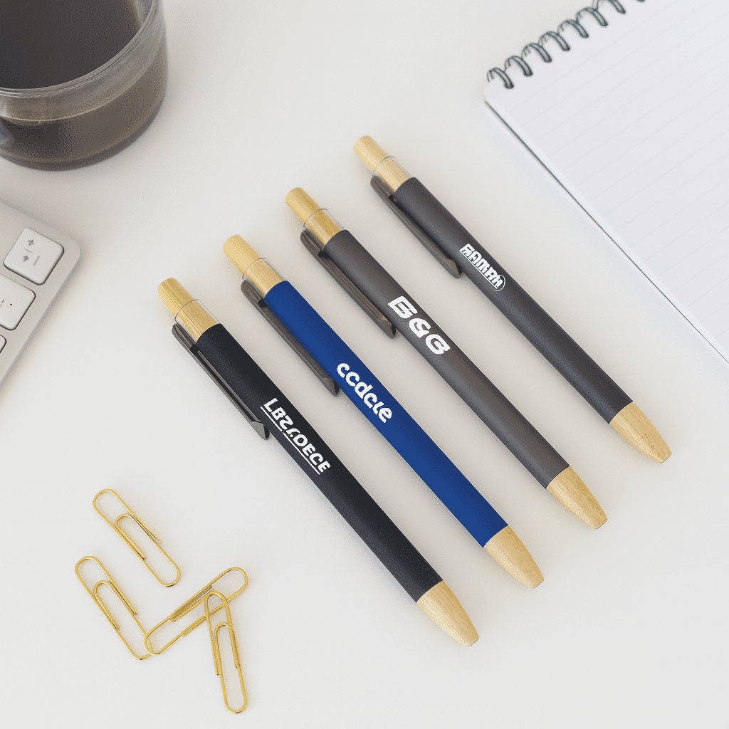 A selection of bamboo click pens in black, blue, and grey, with a notebook and paperclips in the background. Abele Bamboo Click Pen - Image 1