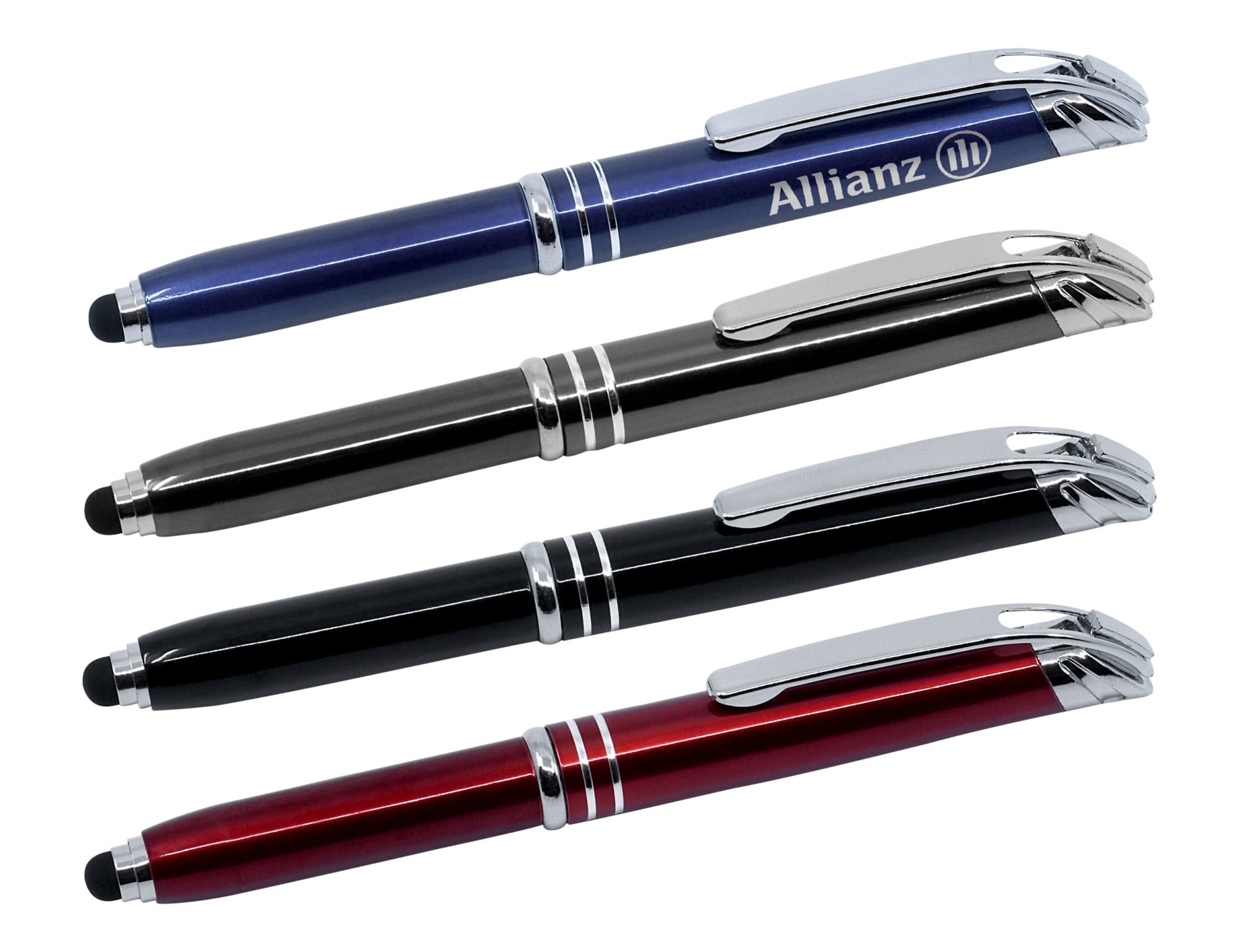 A set of four stylus pens in blue, black, silver, and red, featuring chrome details and a logo. Vogue Stylus Pen & Torch Indent - Image 1