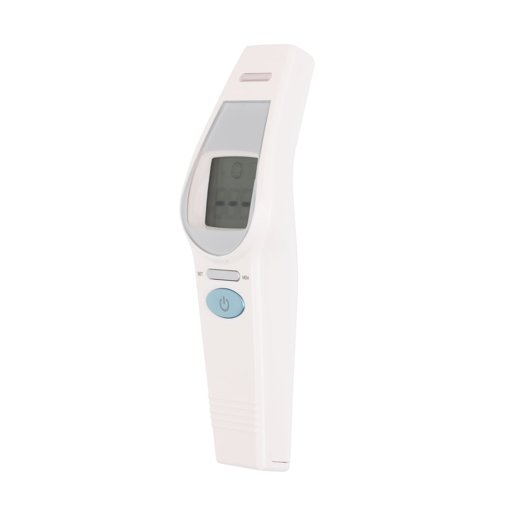 A white touchless digital infrared forehead thermometer with a display and buttons. Touchless Digital Infrared Forehead Thermometer - Image 1