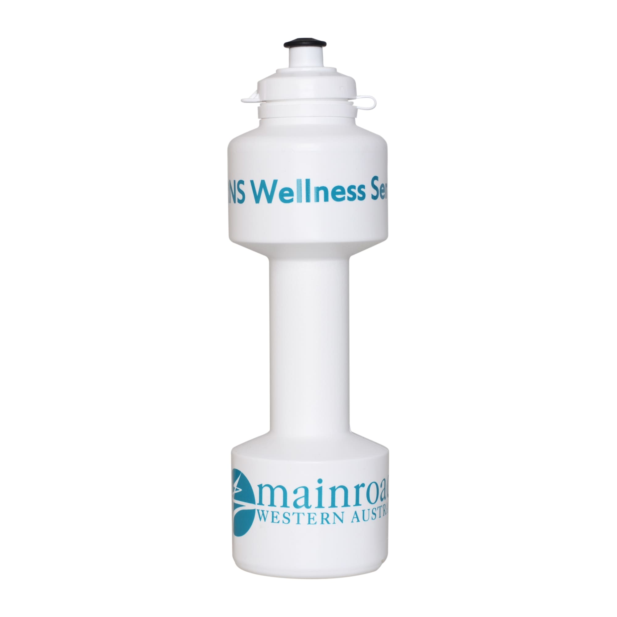 A 750ml white dumbbell-shaped drink bottle with a flip top and branding on its sides. 750ml Dumbbell Flip Top Drink Bottle - Image 1