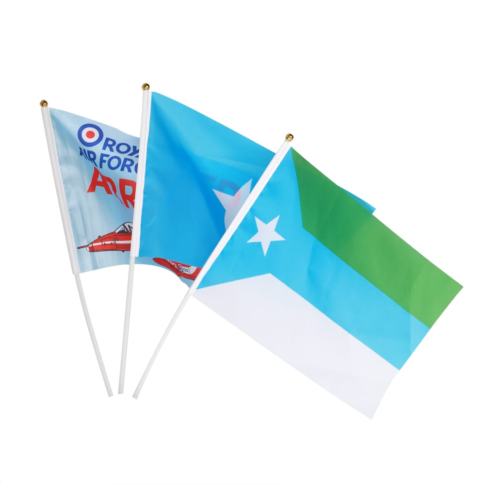 Three rectangular cheering flags in blue, green, and white, each attached to a white stick with a gold tip. Rectangular Cheering Flag Stick - Image 1