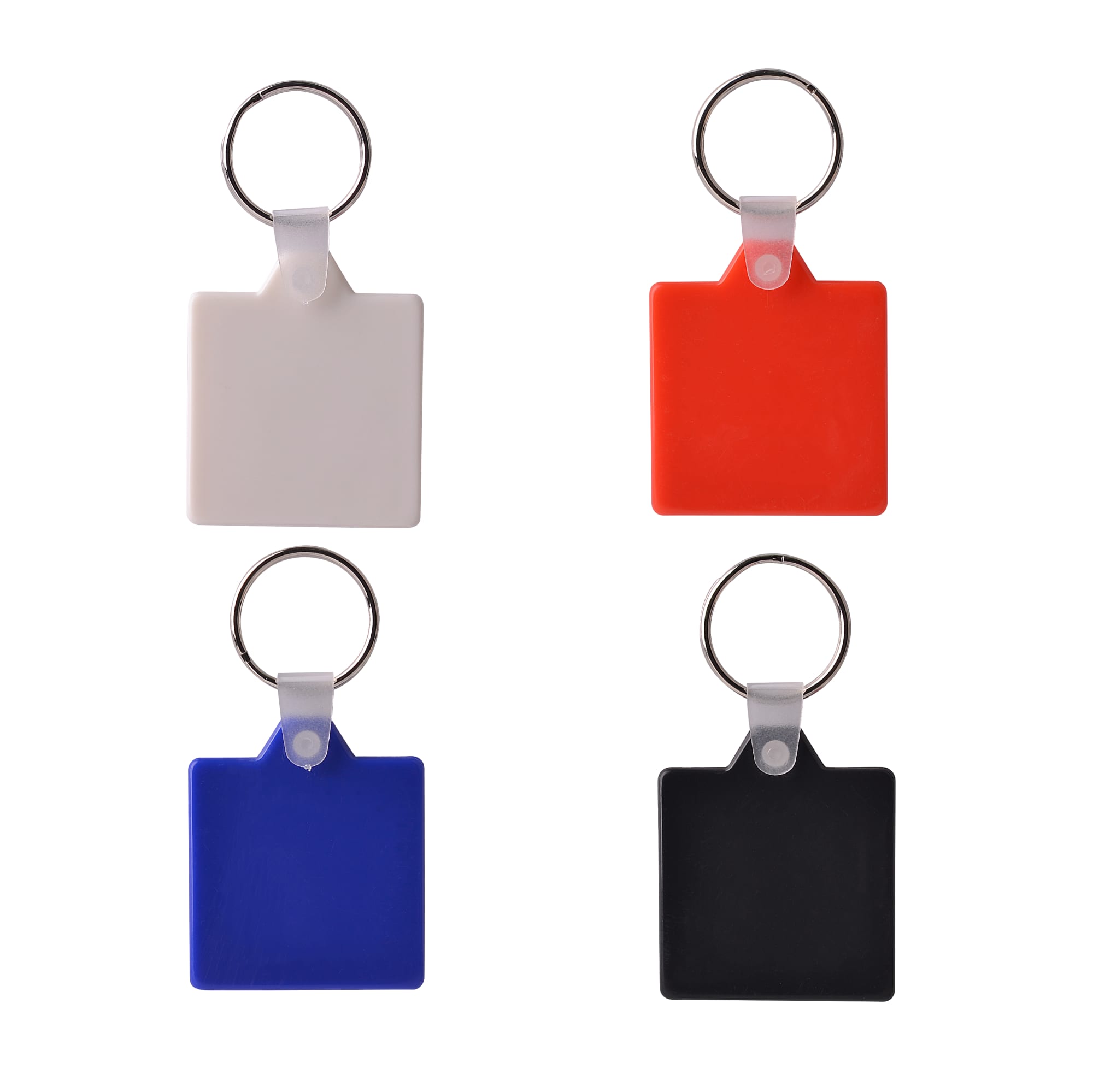 Square hard plastic keyrings in white, red, blue, and black, each with a metal keyring attachment. Square Hard Plastic Keyring - Image 1