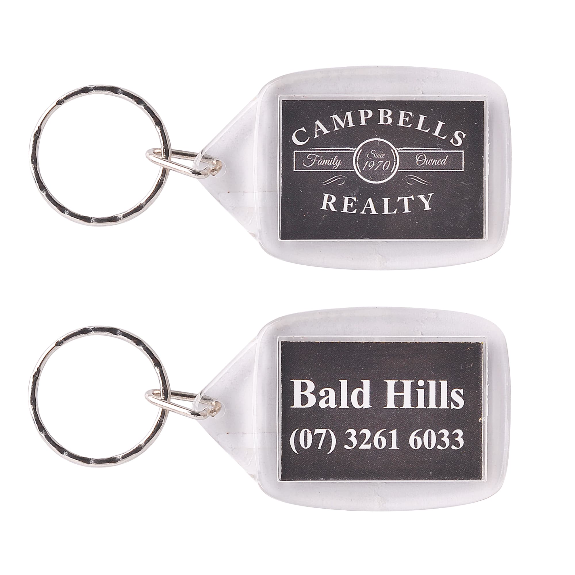 A rectangular acrylic keyring with a silver keychain, featuring a logo on one side and contact details on the other. Rectangular Acrylic Keyring - Image 1