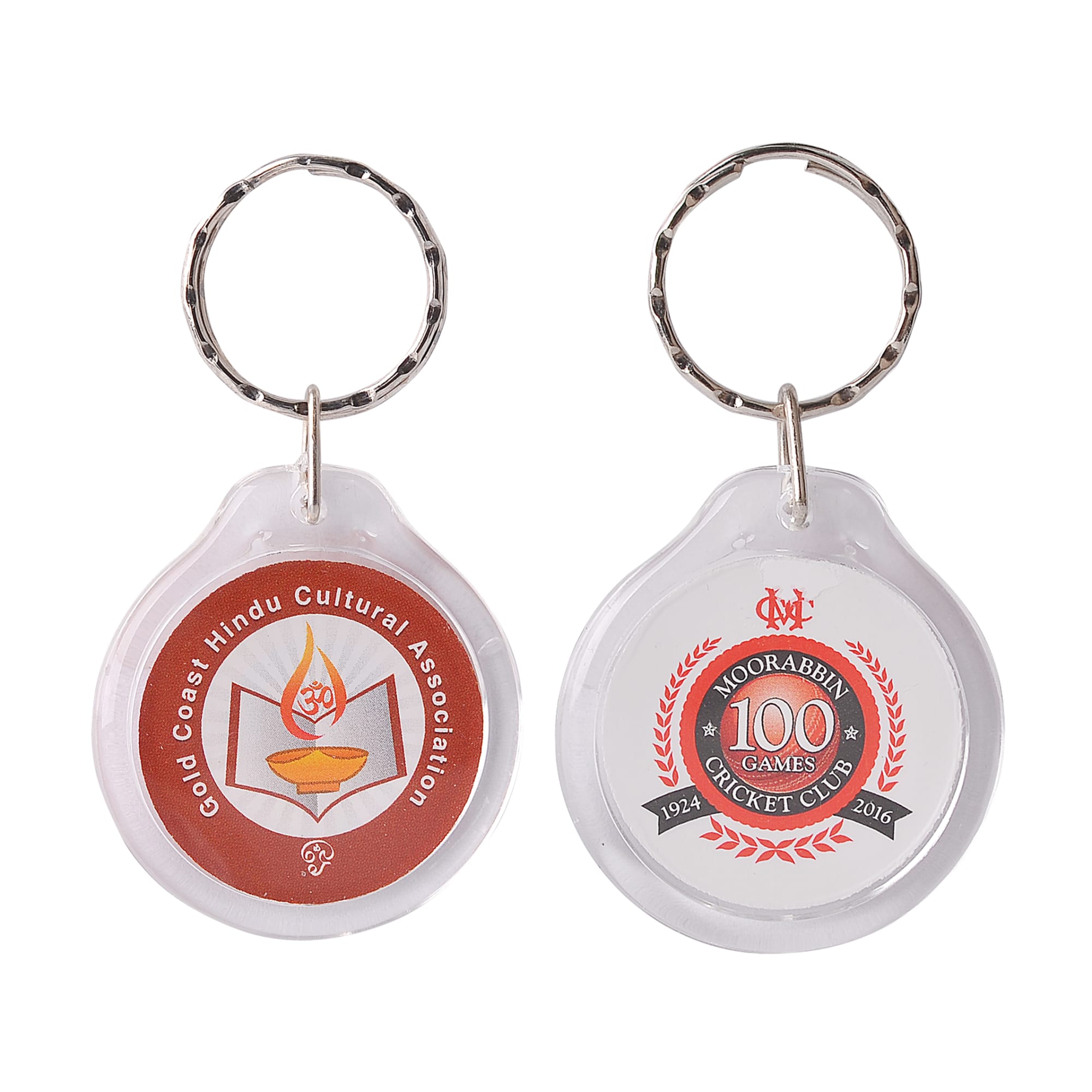 A round acrylic keyring featuring red and white designs on each side, with logos and branding. Round Acrylic Keyring - Image 1