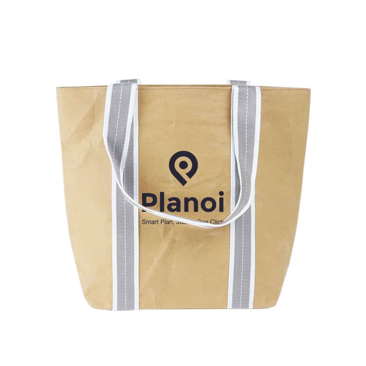 A small washable kraft paper bag in brown with grey cotton handles and a logo printed on the front. Small Washable Kraft Paper Bag with Cotton Handle(390x330x105mm) - Image 1