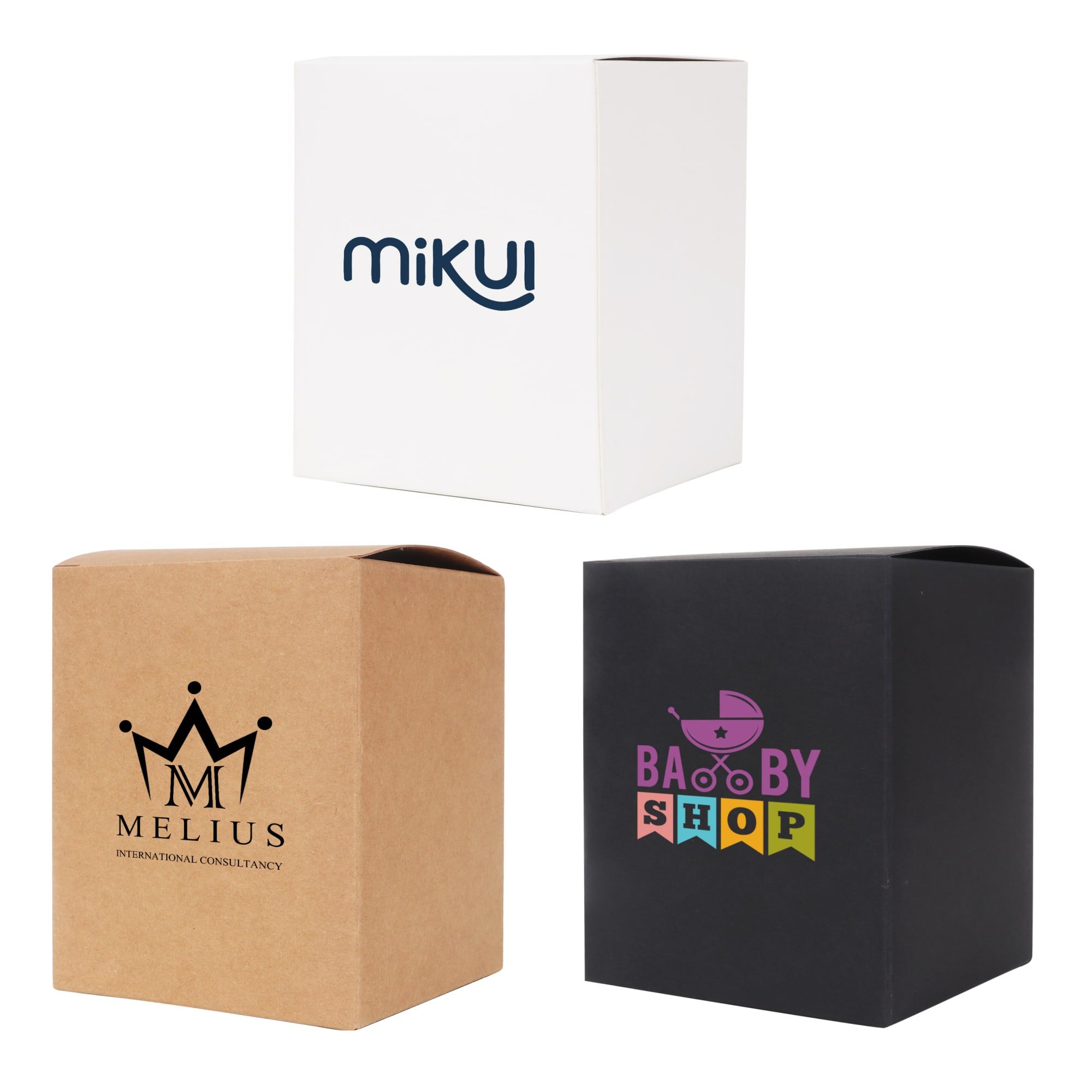 Three large square gift boxes in white, brown, and black with various logos and branding. Large Square Gift Box(105 x 130 x 105mm) - Image 1