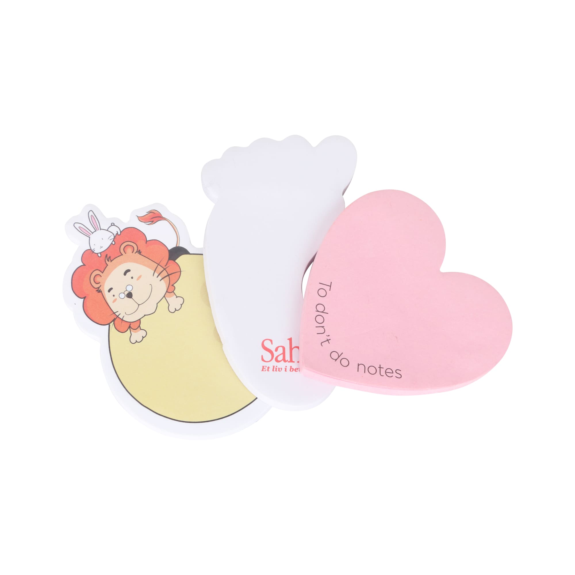 Custom-shaped sticky note memo pads featuring a lion, a paw print, and a heart, in various colours including pink and yellow. Custom Shaped Sticky Note Memo Pads - Image 1
