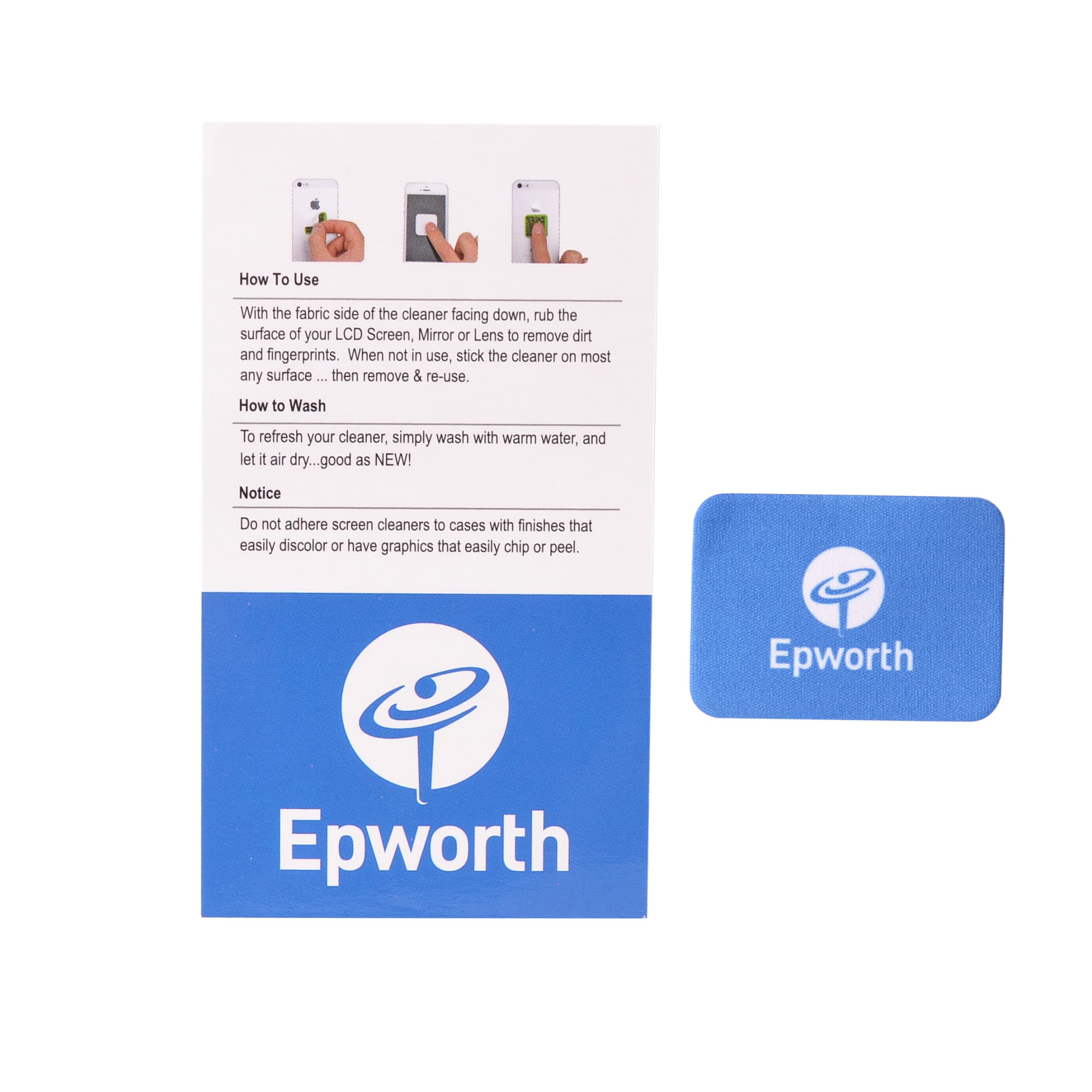 A blue phone screen cleaner cloth with a card featuring instructions and a logo. Phone Screen Cleaner - Image 1