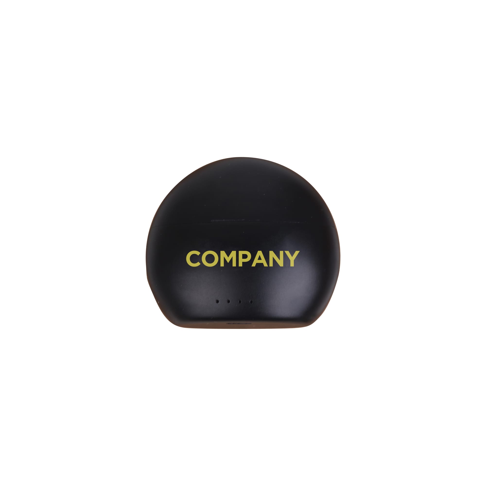 A black round charging case for true wireless earbuds, featuring a logo on the front. Luxury Round True Wireless Earbuds - Image 1