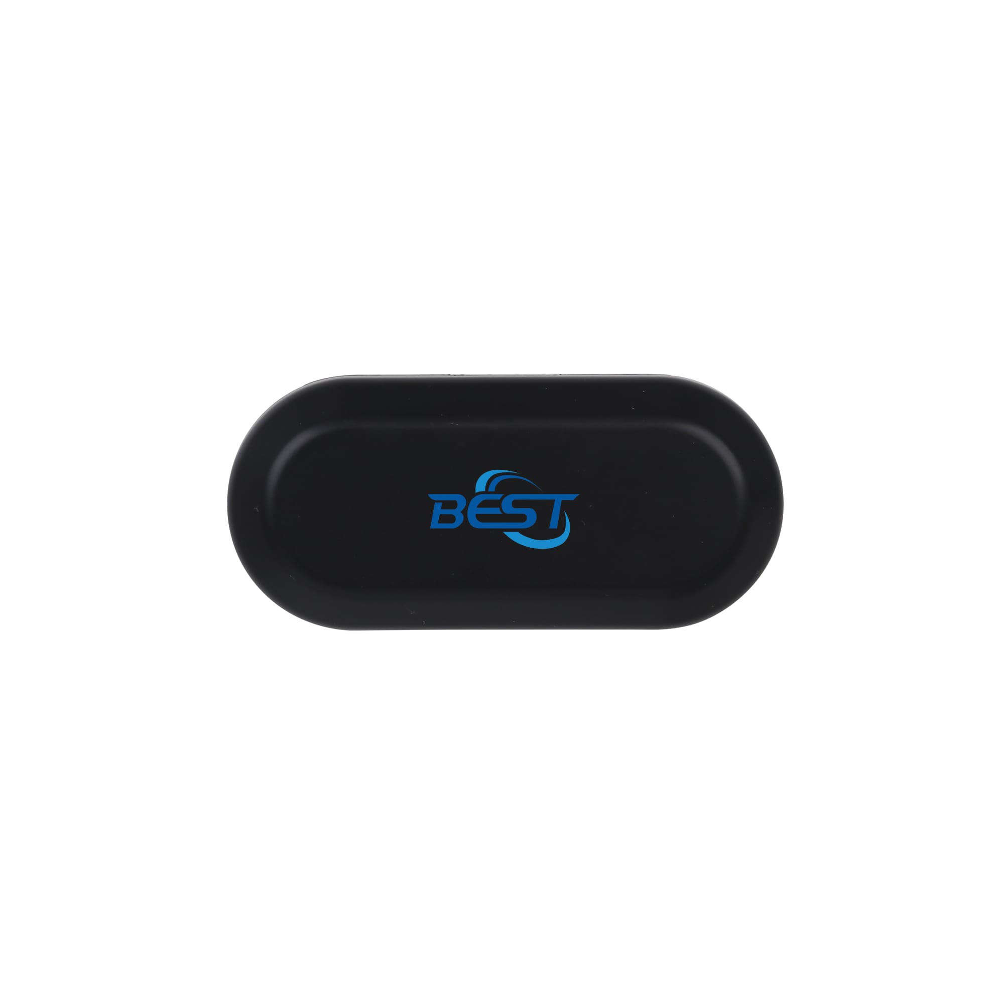 A black case for wireless earbuds with a logo featured prominently on the top. Quality True Wireless Earbuds - Image 1