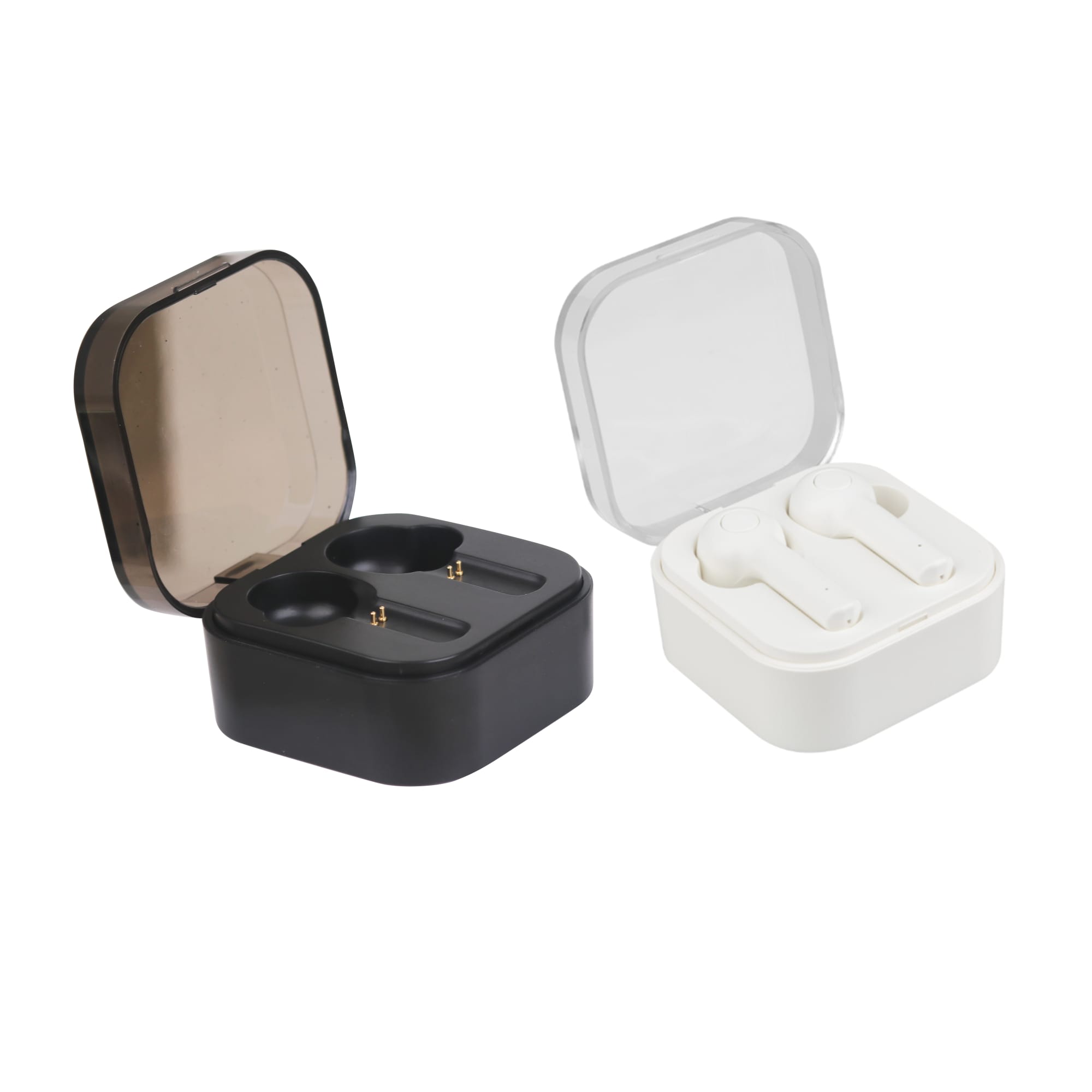 Square True Wireless Earbuds in black and white, presented in a transparent case. Includes a logo on the case. Square True Wireless Earbuds - Image 1