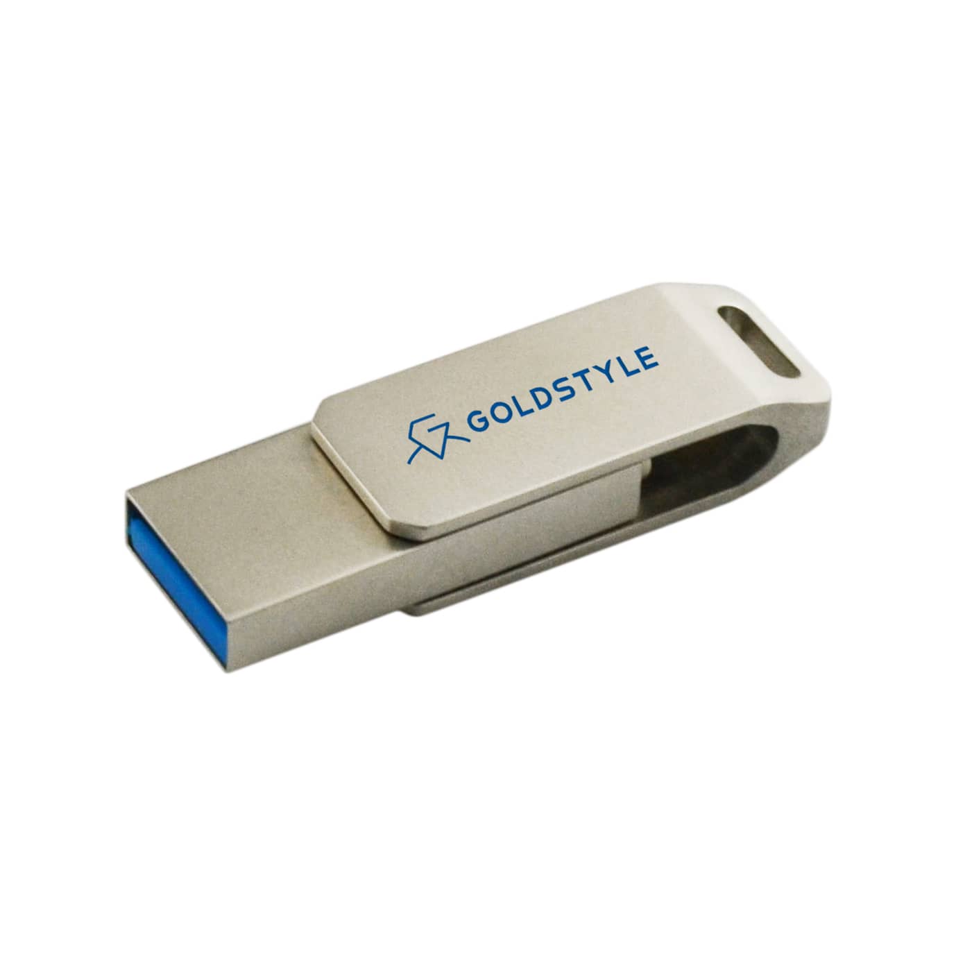 A silver swivel USB flash drive with a blue connector, featuring a logo on the side. Swivel OTG - Image 1
