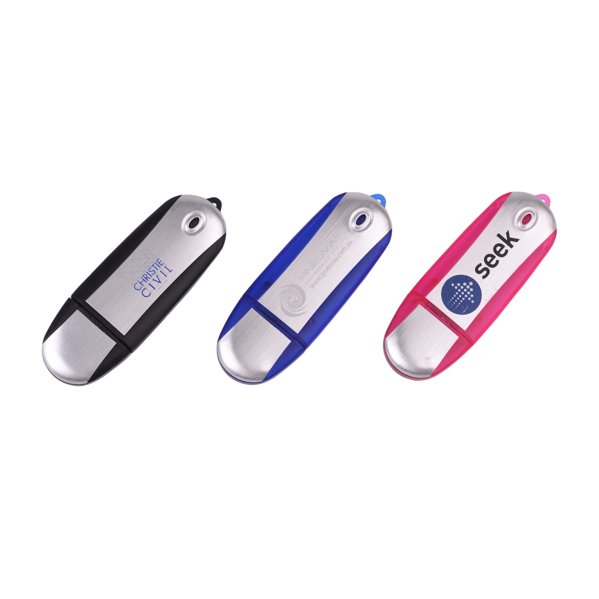 Three Galaxy Flash Drives in black, blue, and pink, featuring metallic silver accents and logos on each drive. Galaxy Flash Drive - Image 1