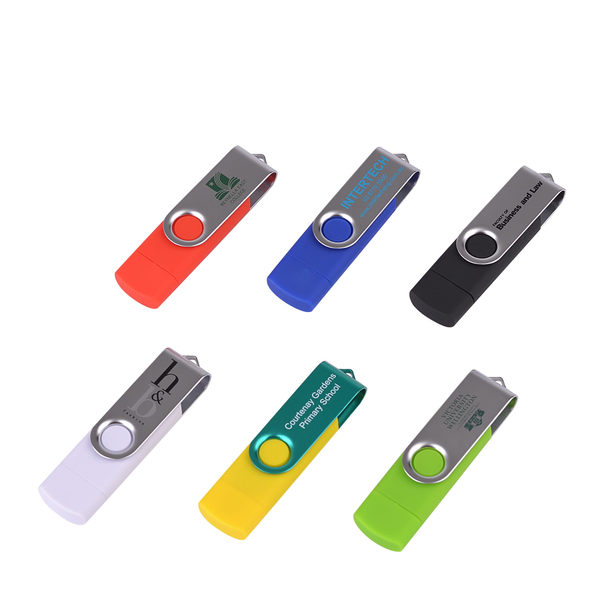A collection of six double-end Belton Micro USB flash drives in red, blue, black, white, yellow, and green. Each has a logo. Double-end Belton Micro USB Flash Drive - Image 1