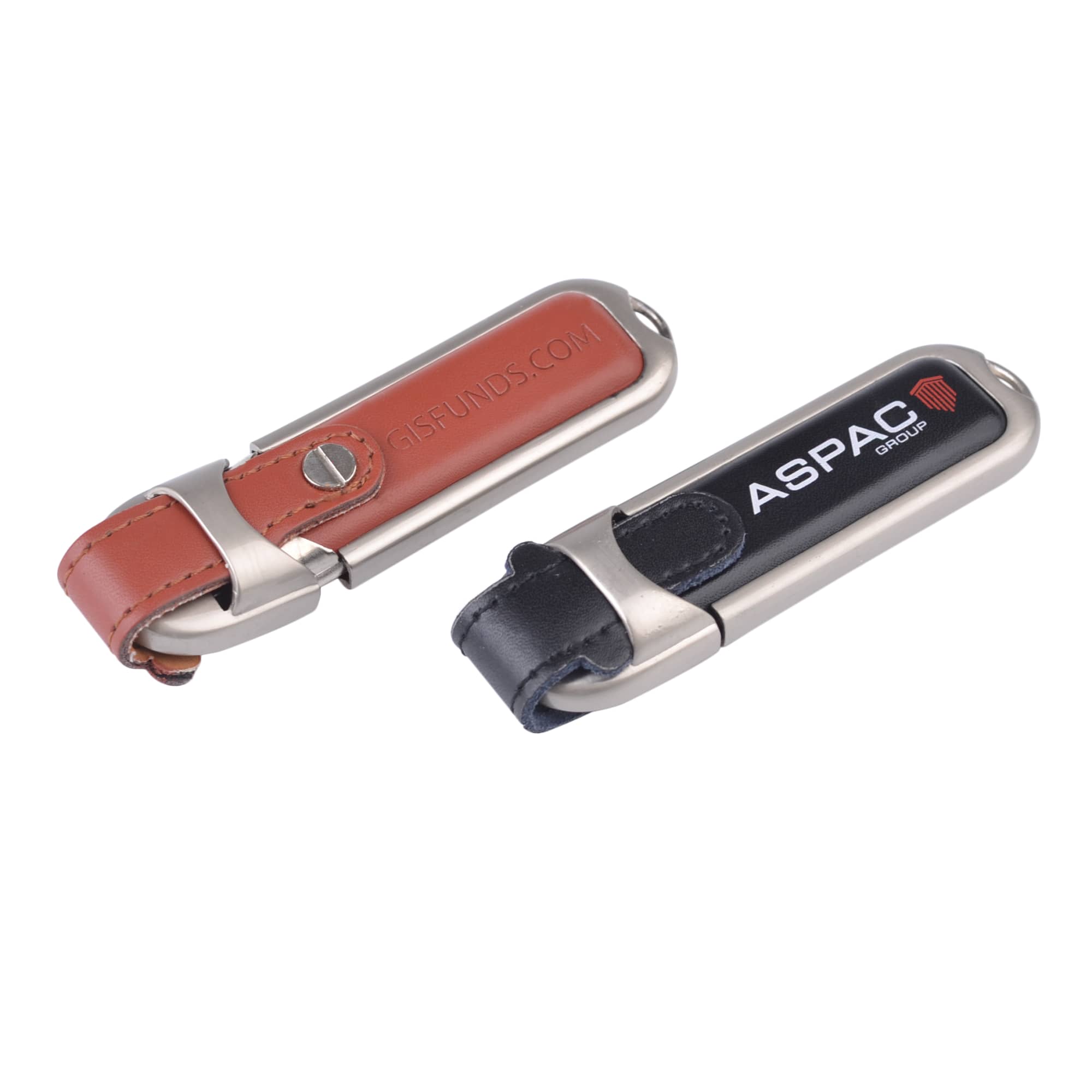 A pair of Taurus flash drives featuring a brown leather and silver design and a black leather and silver design, each with a logo. Taurus Flash drive - Image 1