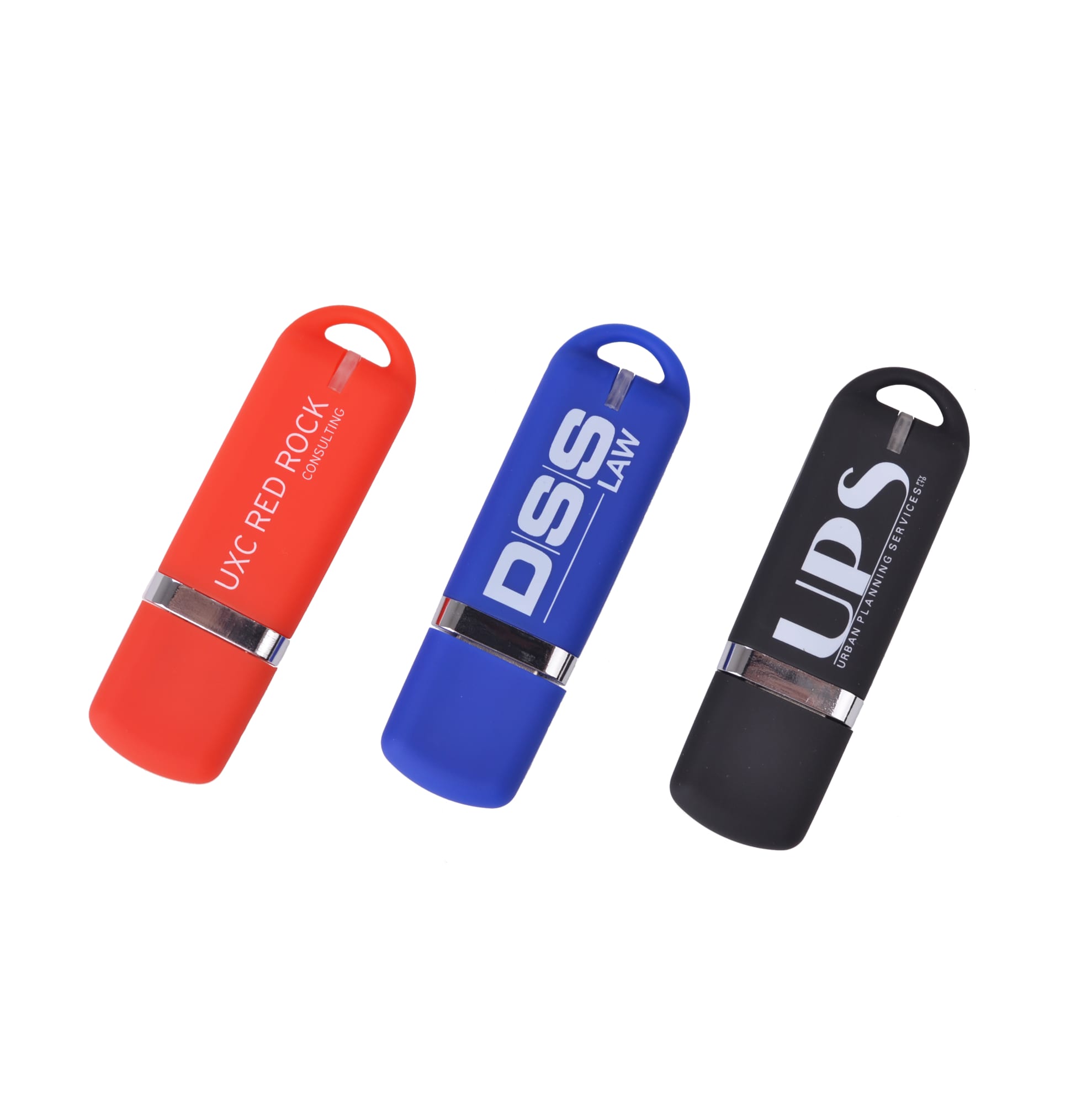 Three flash drives in red, blue, and black colours, each featuring a logo and a cylindrical design. Kurtz Flash Drive - Image 1